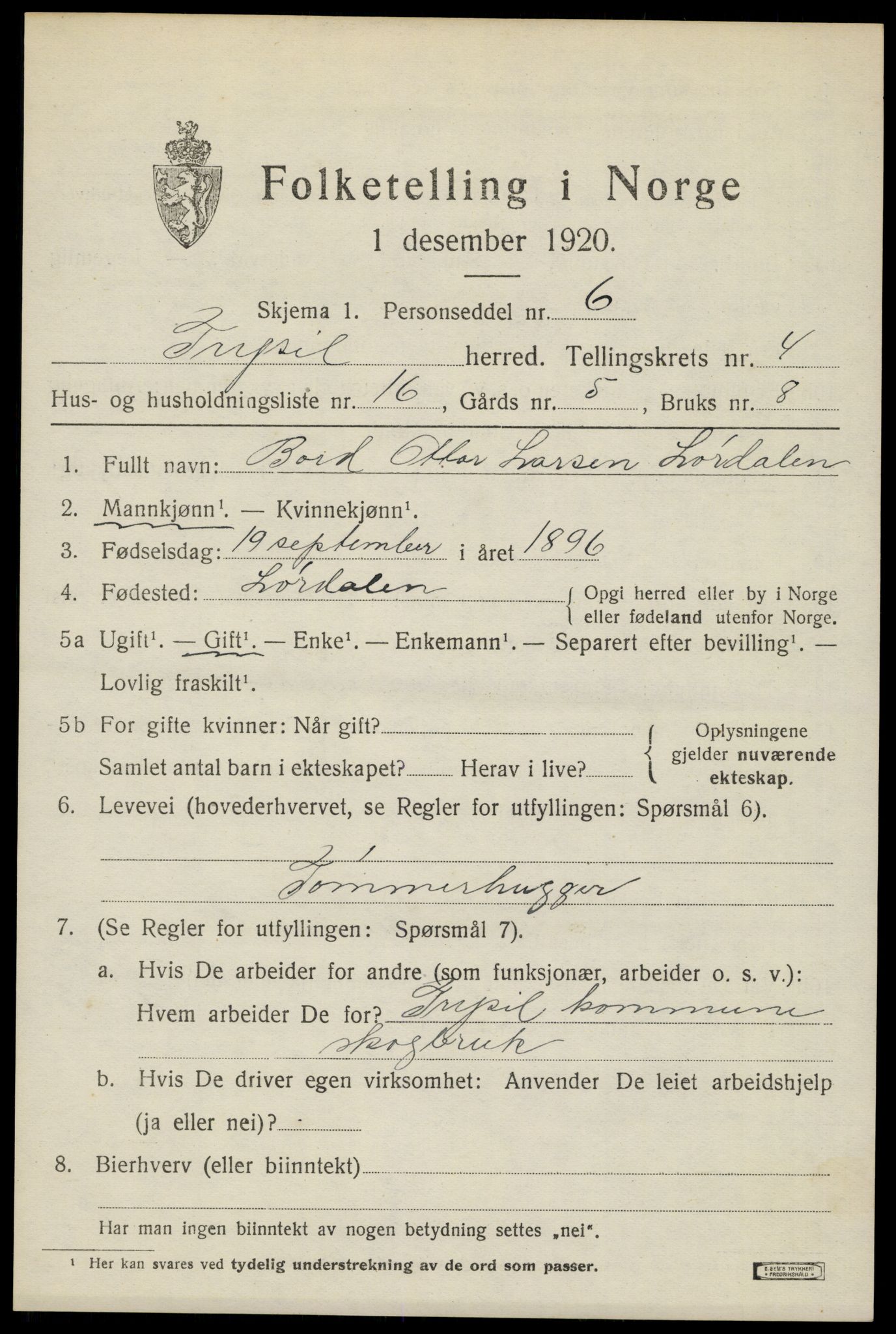 SAH, 1920 census for Trysil, 1920, p. 4301