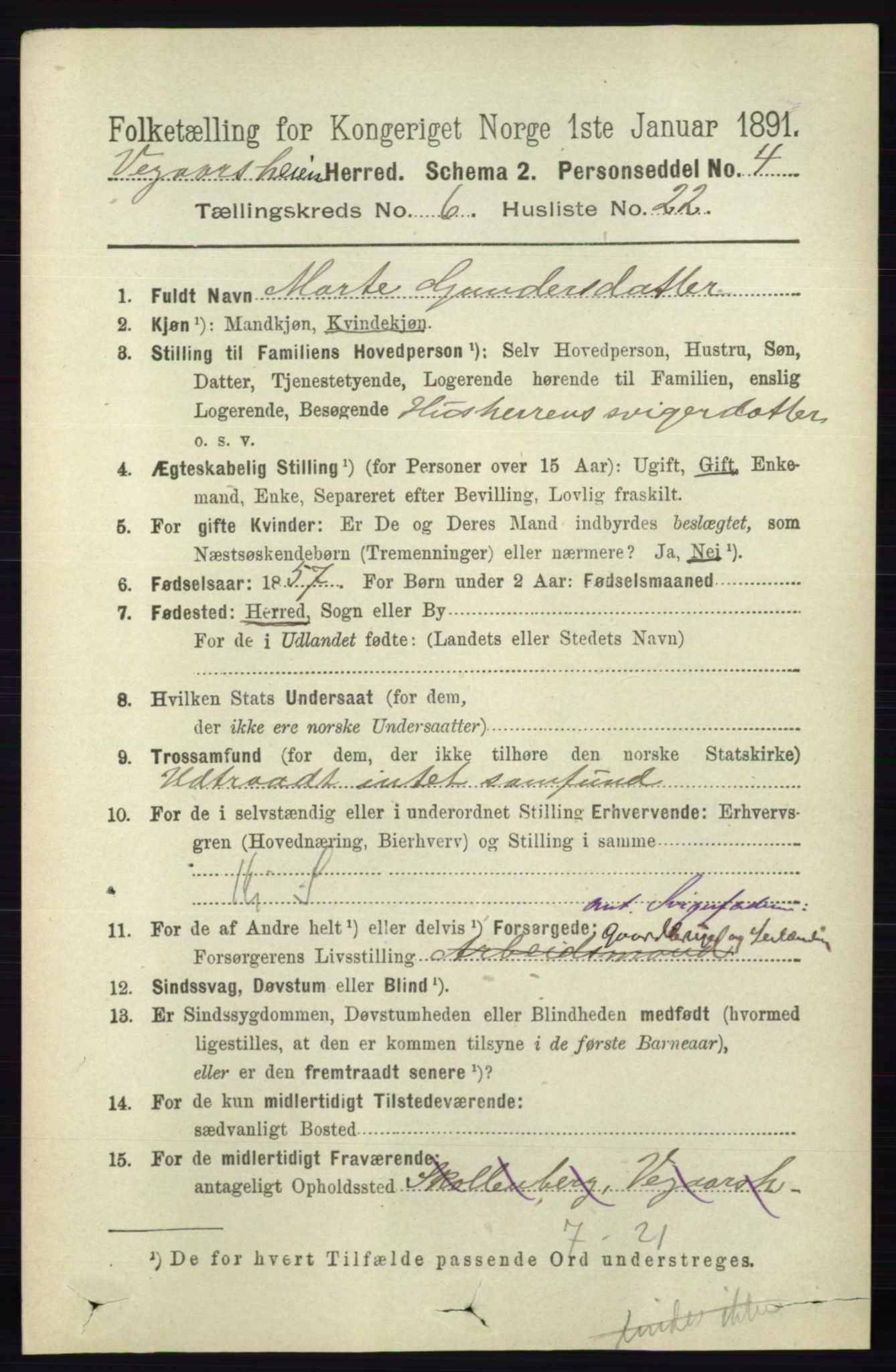RA, 1891 census for 0912 Vegårshei, 1891, p. 1300