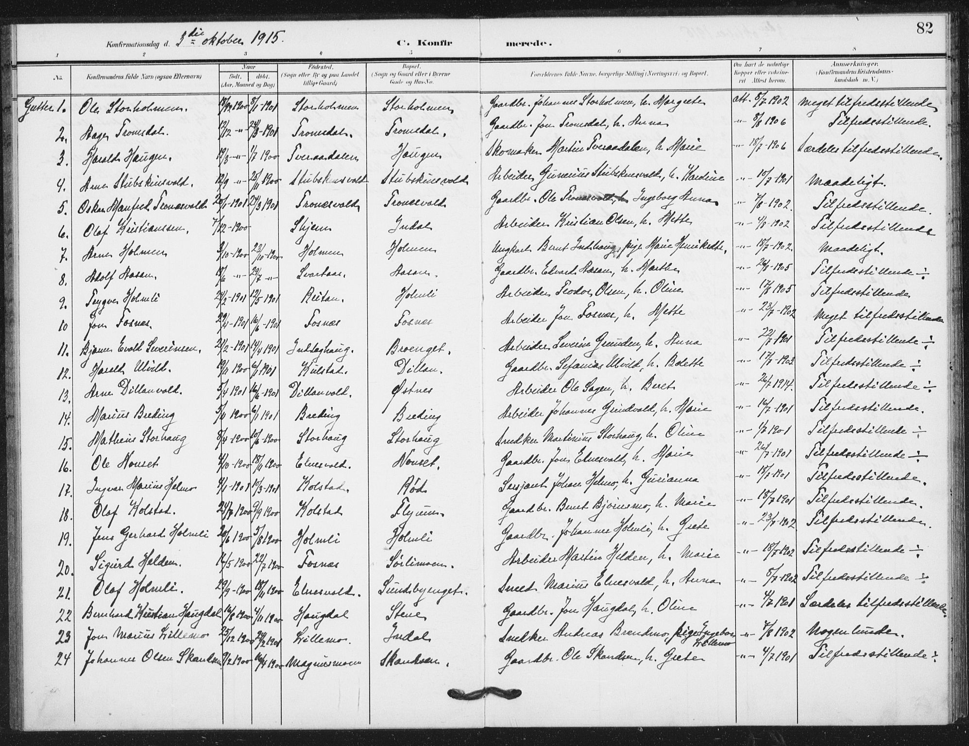 Ministerialprotokoller, klokkerbøker og fødselsregistre - Nord-Trøndelag, SAT/A-1458/724/L0264: Parish register (official) no. 724A02, 1908-1915, p. 82