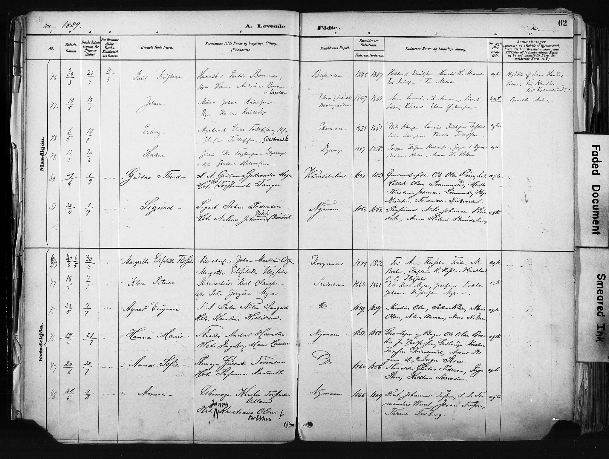 Kongsberg kirkebøker, AV/SAKO-A-22/F/Fb/L0002: Parish register (official) no. II 2, 1886-1896, p. 62