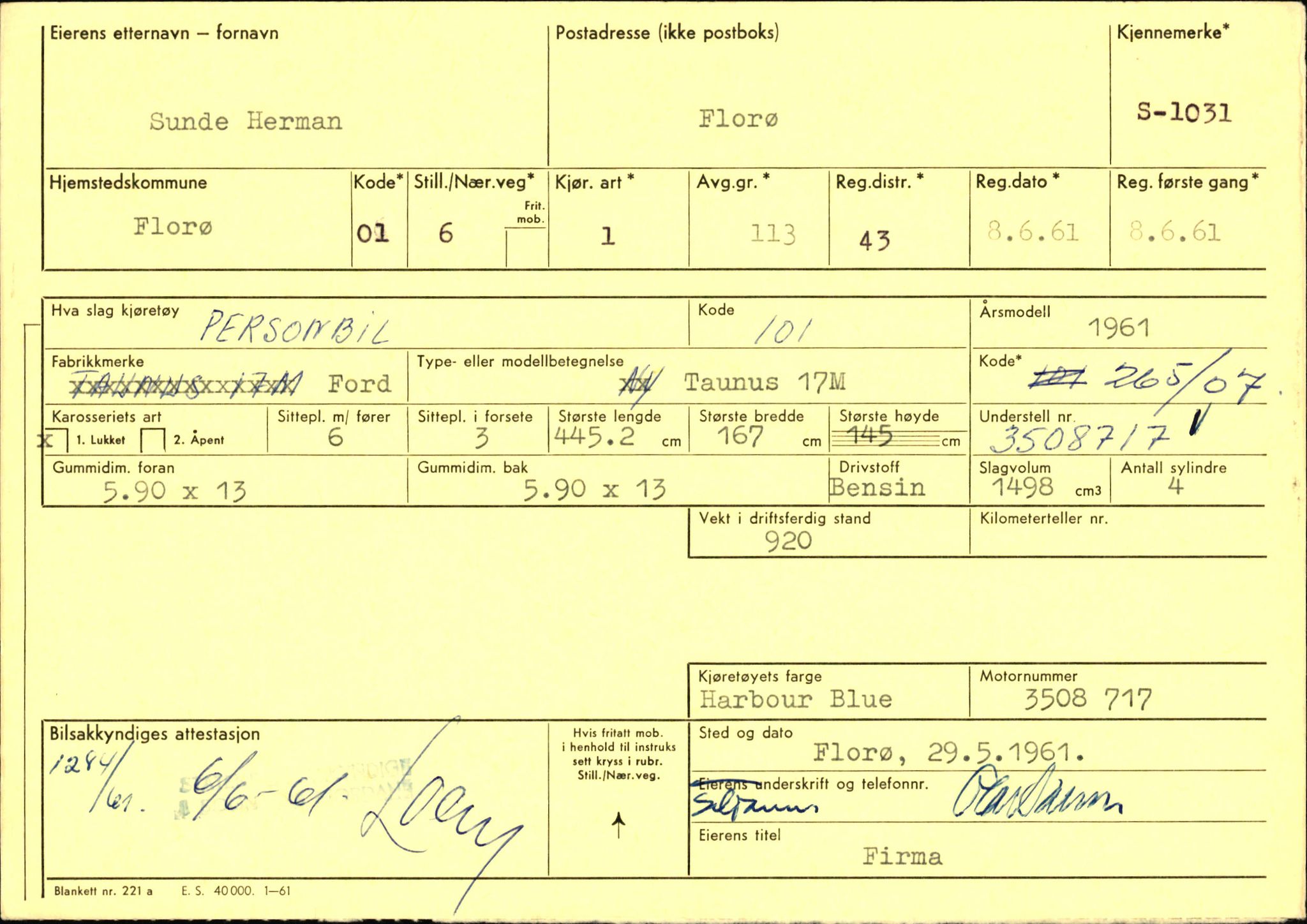 Statens vegvesen, Sogn og Fjordane vegkontor, AV/SAB-A-5301/4/F/L0003: Registerkort utmeldte Fjordane S1000-2499, 1930-1961, p. 56