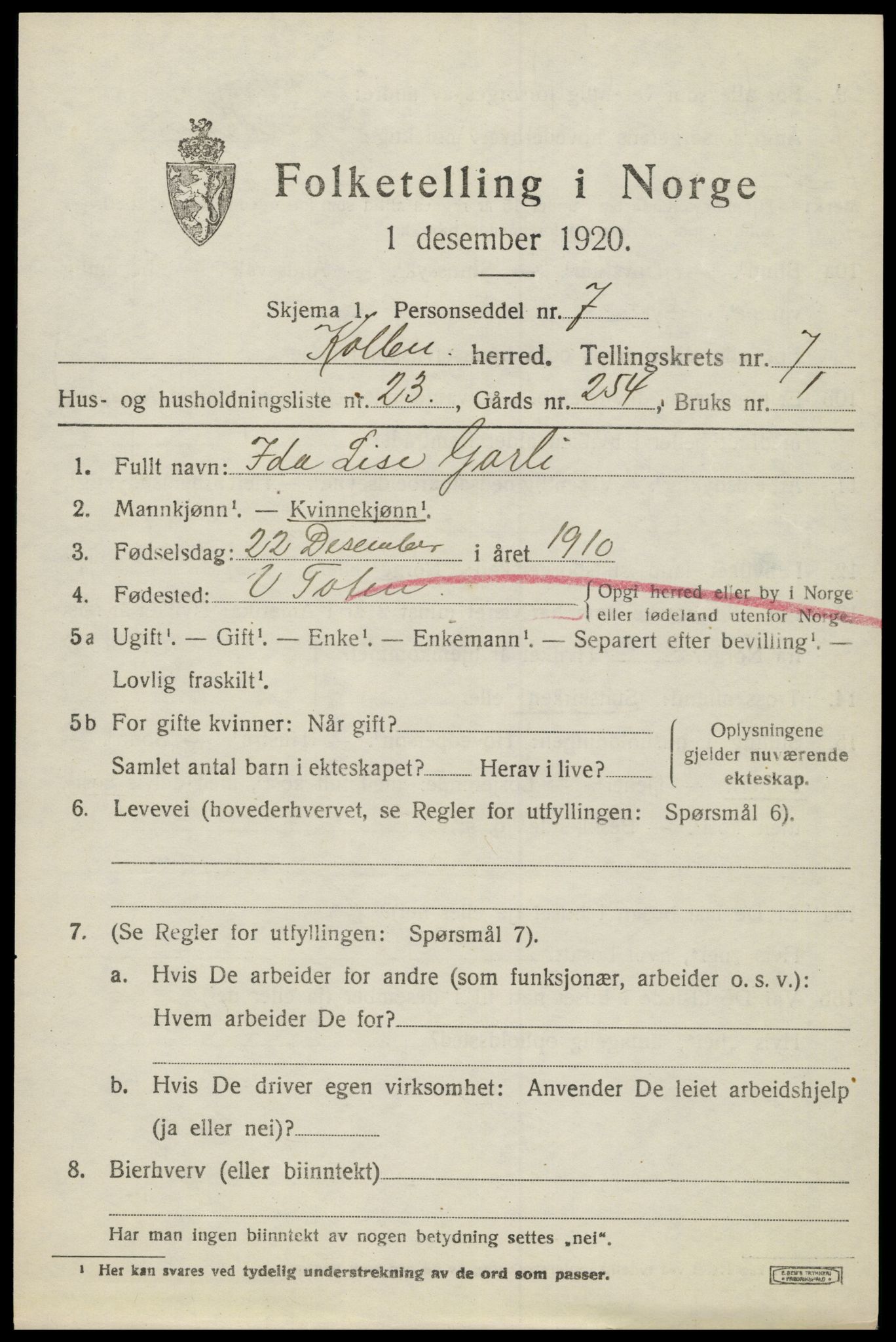 SAH, 1920 census for Kolbu, 1920, p. 5312