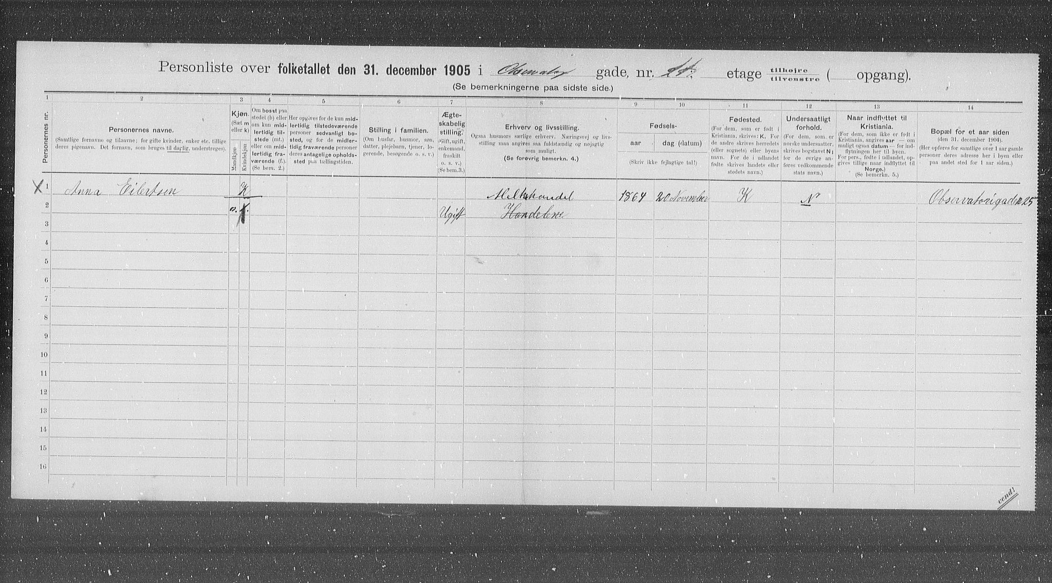 OBA, Municipal Census 1905 for Kristiania, 1905, p. 39185