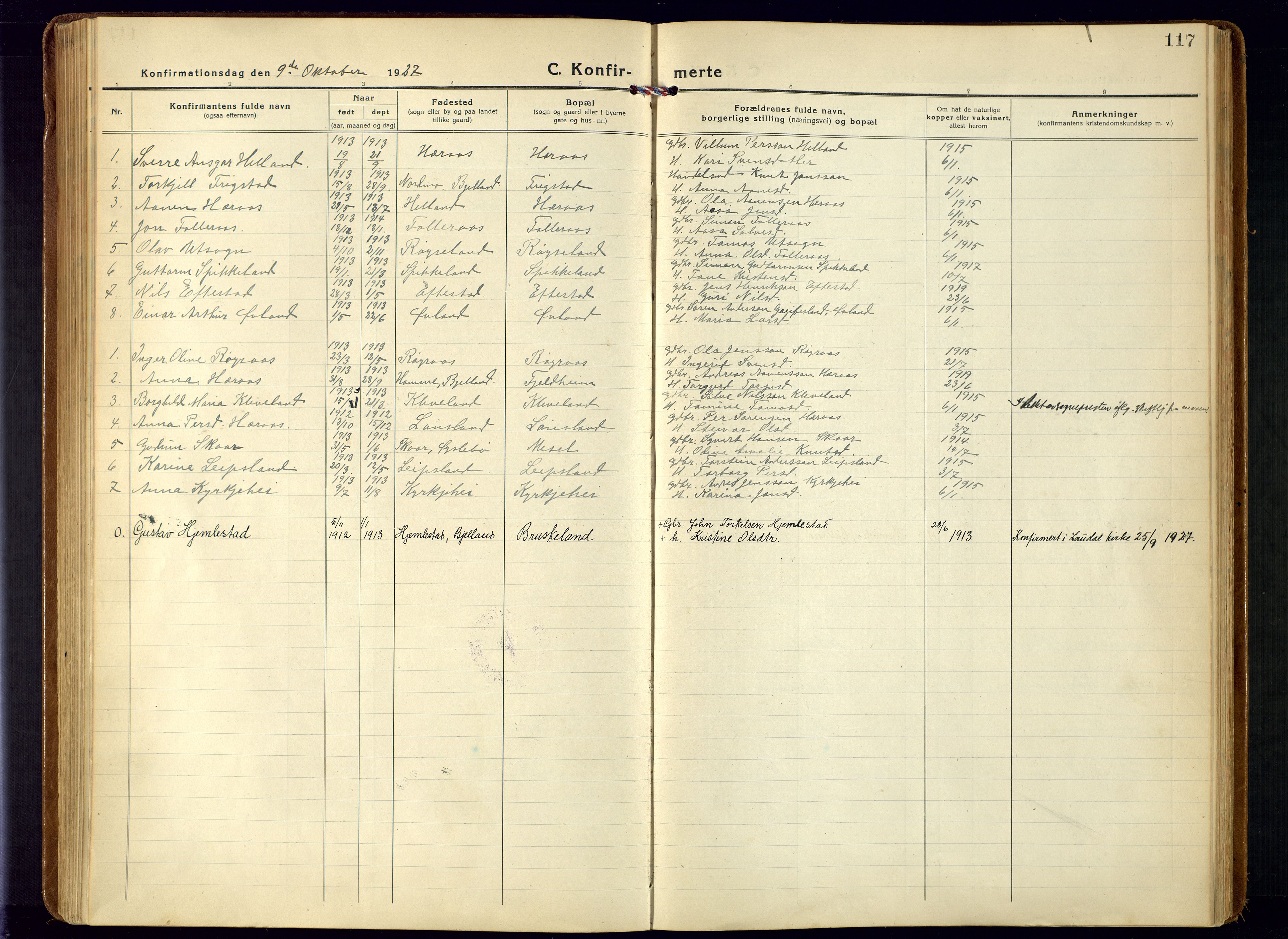 Bjelland sokneprestkontor, SAK/1111-0005/F/Fa/Fab/L0005: Parish register (official) no. A 5, 1921-1951, p. 117