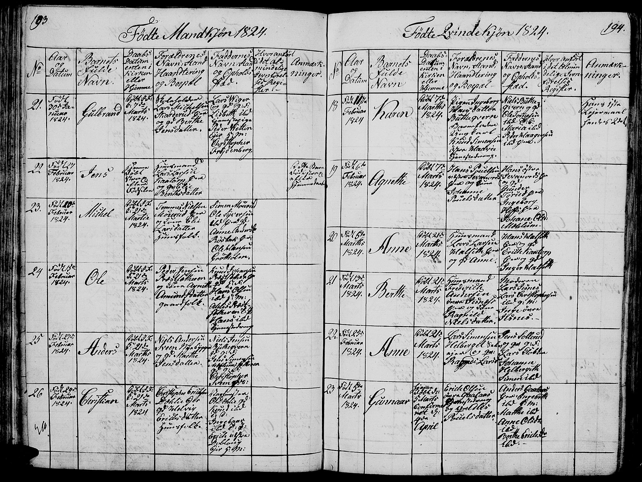 Vang prestekontor, Hedmark, SAH/PREST-008/H/Ha/Hab/L0005: Parish register (copy) no. 5, 1815-1836, p. 193-194