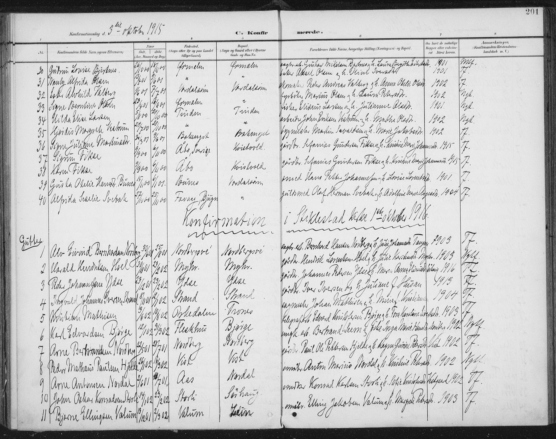 Ministerialprotokoller, klokkerbøker og fødselsregistre - Nord-Trøndelag, SAT/A-1458/723/L0246: Parish register (official) no. 723A15, 1900-1917, p. 201