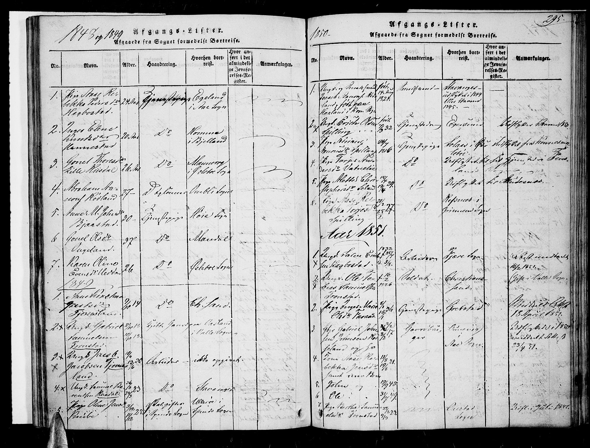 Nord-Audnedal sokneprestkontor, SAK/1111-0032/F/Fa/Fab/L0001: Parish register (official) no. A 1, 1816-1858, p. 295