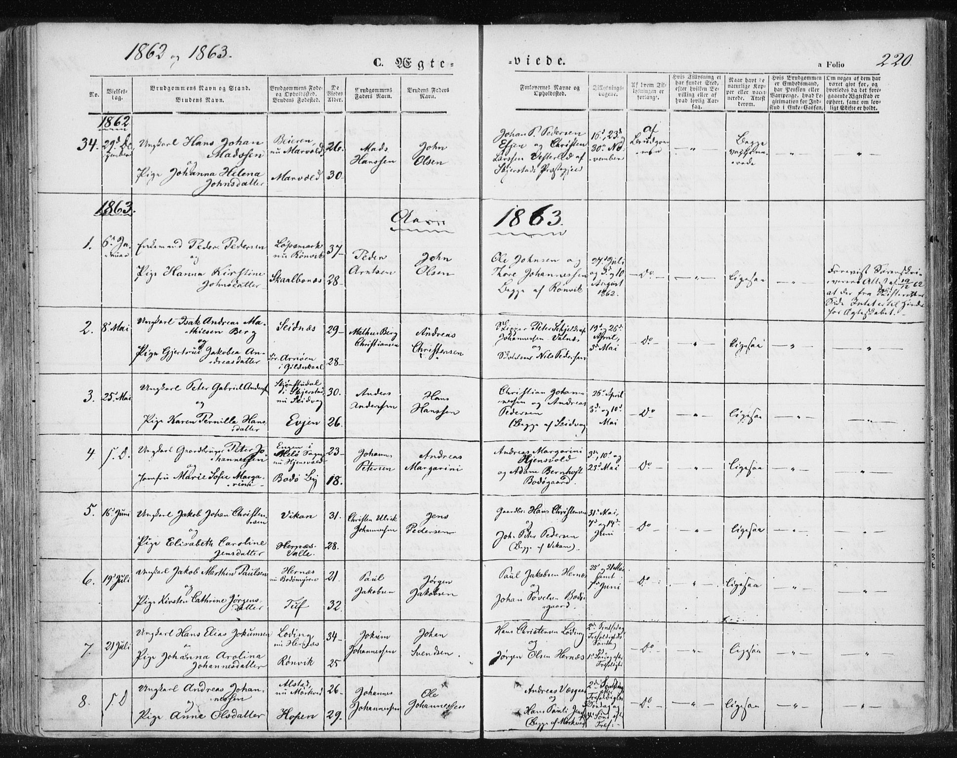 Ministerialprotokoller, klokkerbøker og fødselsregistre - Nordland, SAT/A-1459/801/L0007: Parish register (official) no. 801A07, 1845-1863, p. 220