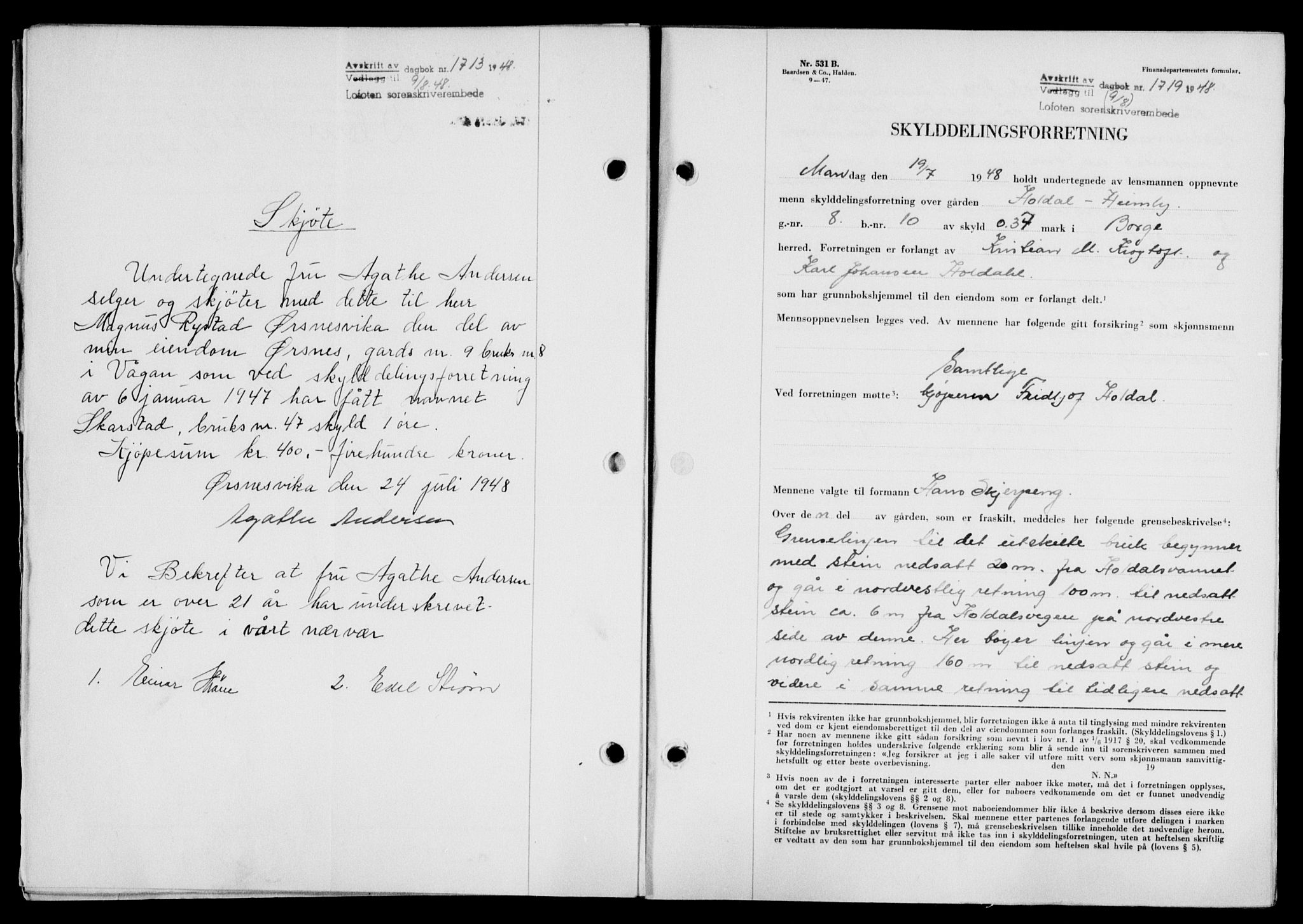 Lofoten sorenskriveri, SAT/A-0017/1/2/2C/L0019a: Mortgage book no. 19a, 1948-1948, Diary no: : 1713/1948