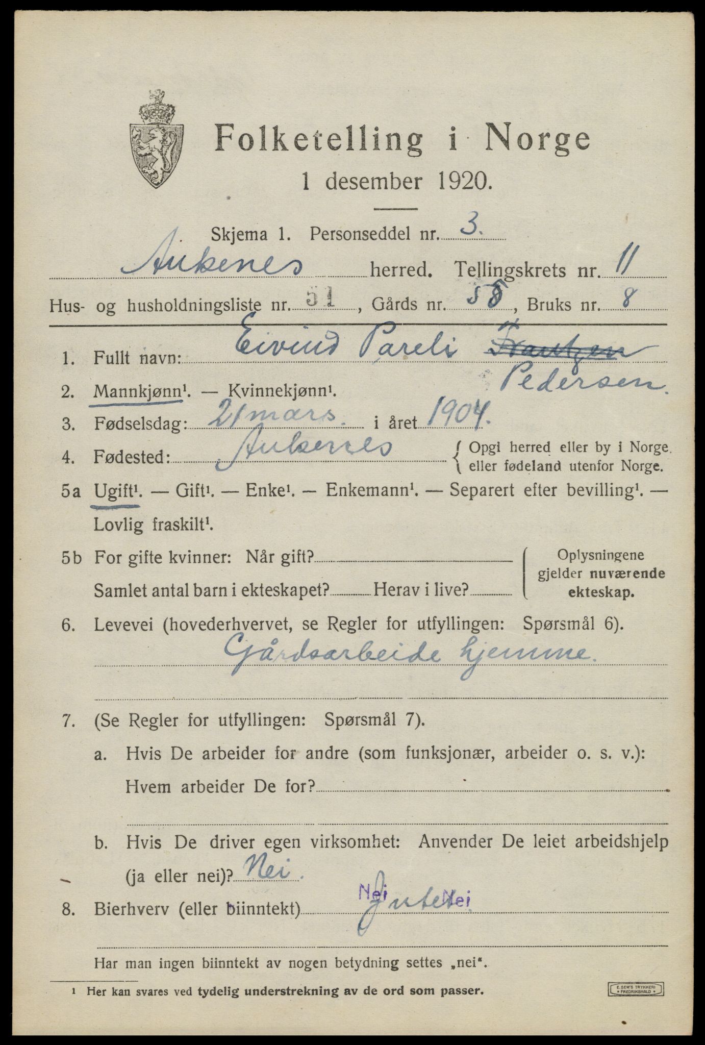 SAT, 1920 census for Ankenes, 1920, p. 6365