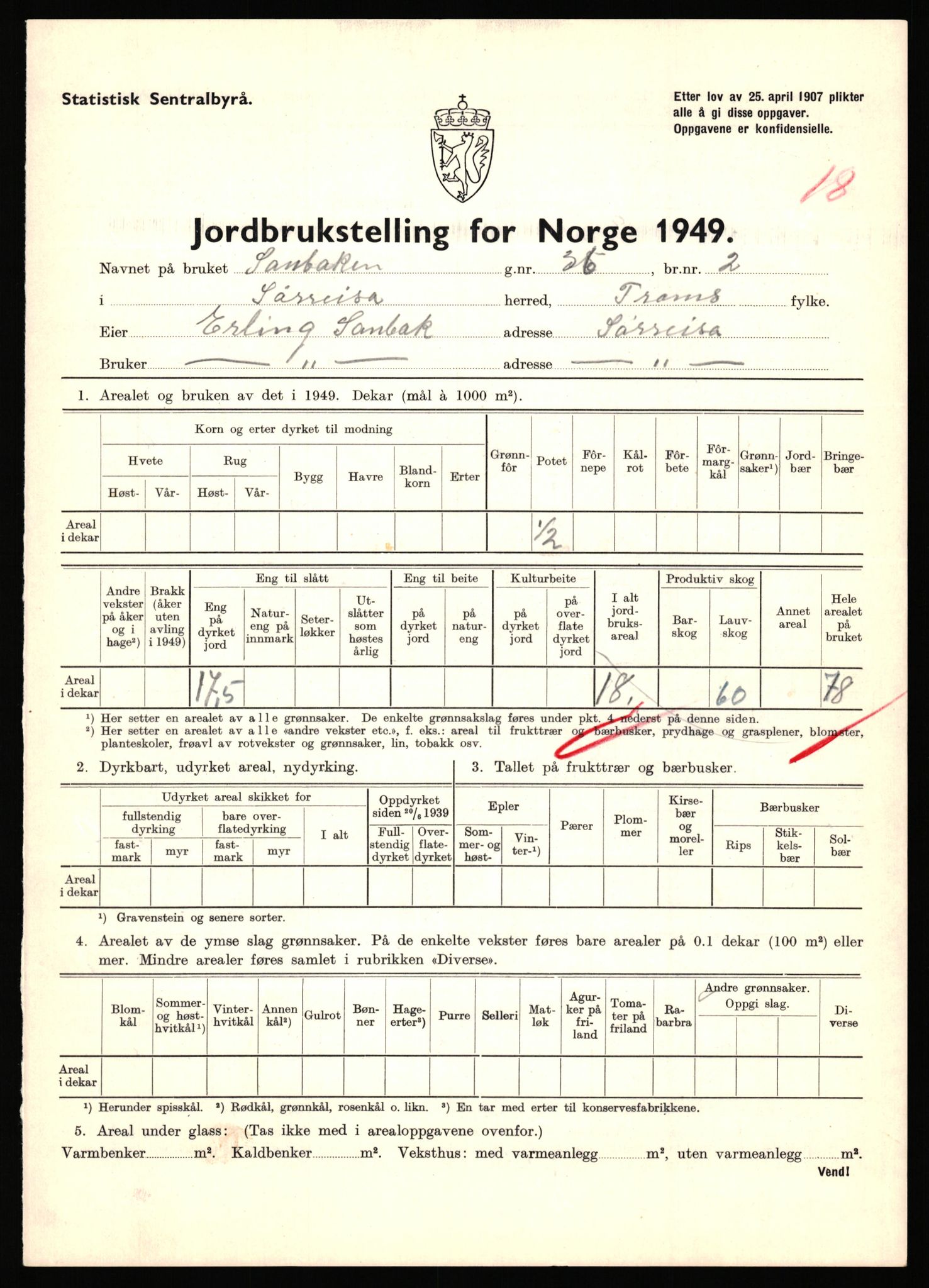 Statistisk sentralbyrå, Næringsøkonomiske emner, Jordbruk, skogbruk, jakt, fiske og fangst, AV/RA-S-2234/G/Gc/L0440: Troms: Sørreisa og Dyrøy, 1949, p. 285