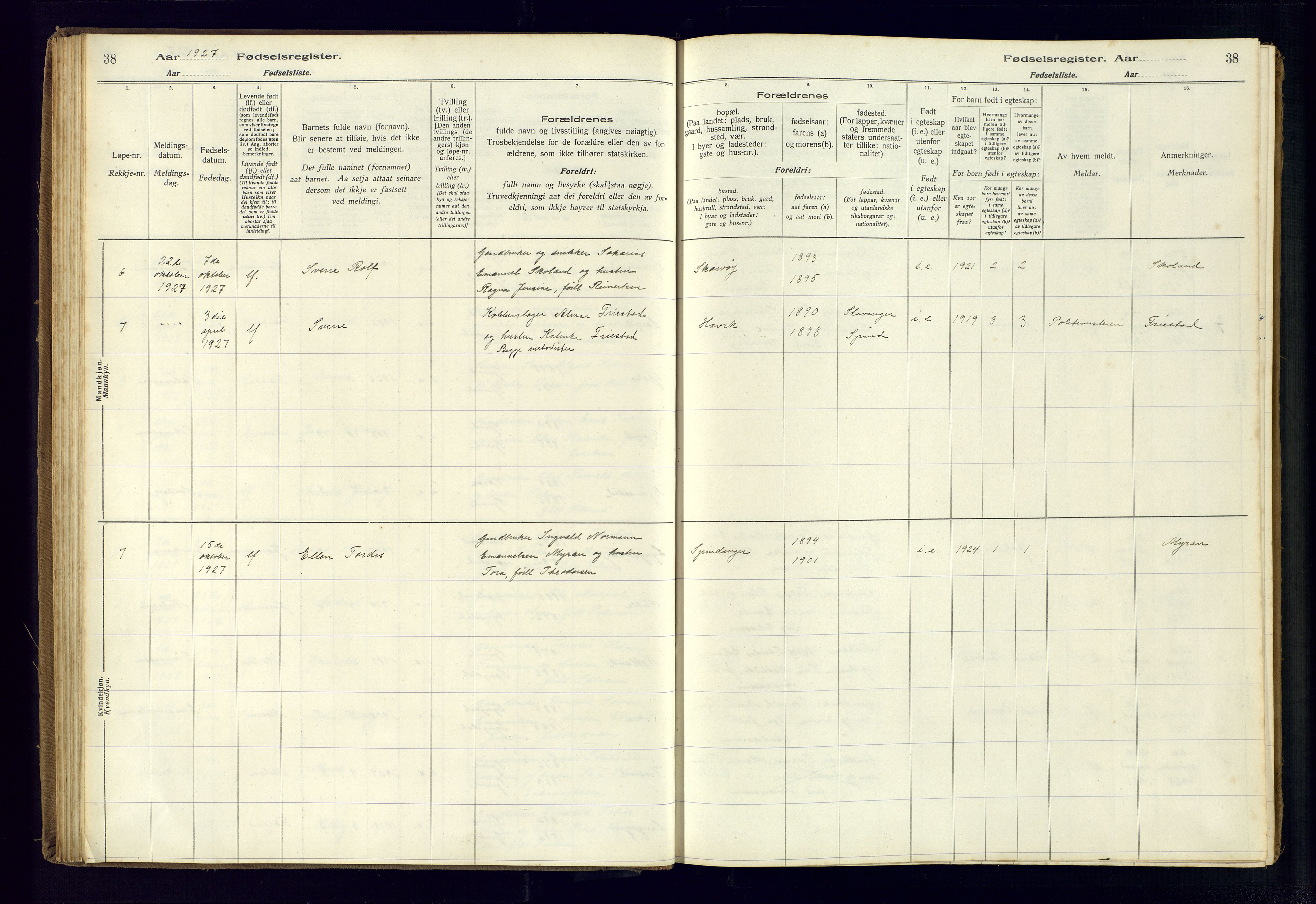 Farsund sokneprestkontor, SAK/1111-0009/J/Ja/L0004: Birth register no. A-VI-11, 1916-1982, p. 38