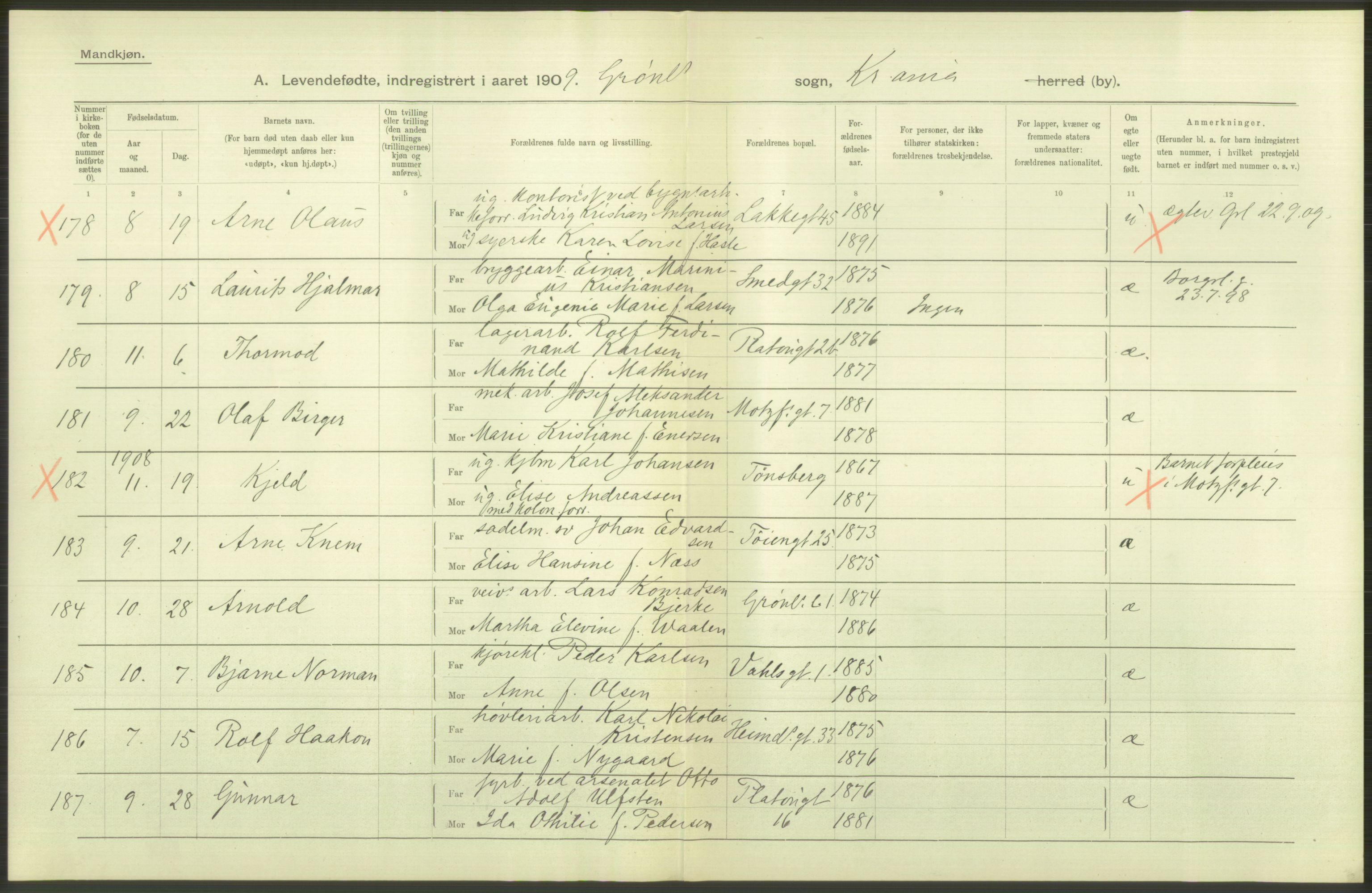 Statistisk sentralbyrå, Sosiodemografiske emner, Befolkning, AV/RA-S-2228/D/Df/Dfa/Dfag/L0007: Kristiania: Levendefødte menn og kvinner., 1909, p. 218