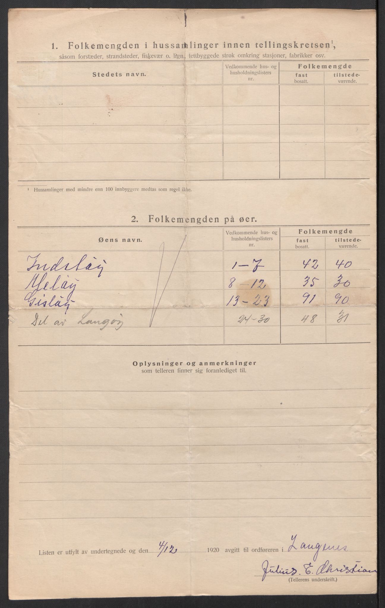 SAT, 1920 census for Langenes, 1920, p. 20