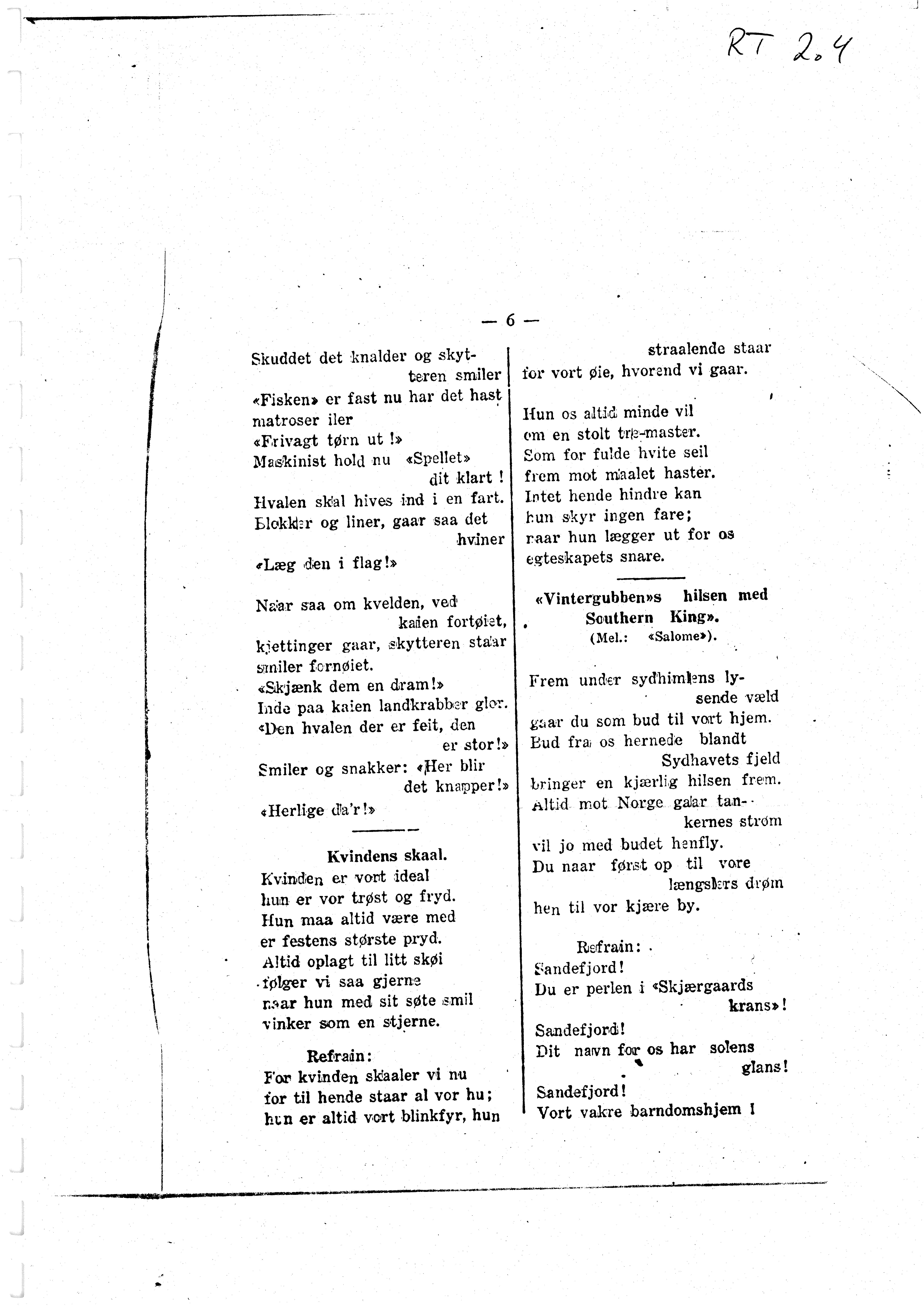 Sa 16 - Folkemusikk fra Vestfold, Gjerdesamlingen, VEMU/A-1868/H/L0003/0002: Innsamlet informasjon, kopier / 5b Fra hvalfangst: Revyviser, shanties, attester. 
Sandefjord Skøiteklubs revy, Komse-tegning