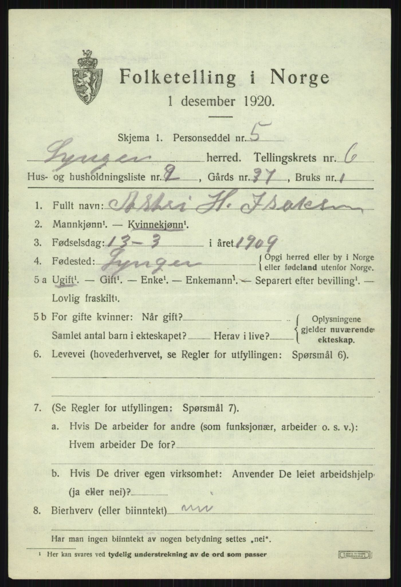 SATØ, 1920 census for Lyngen, 1920, p. 6612