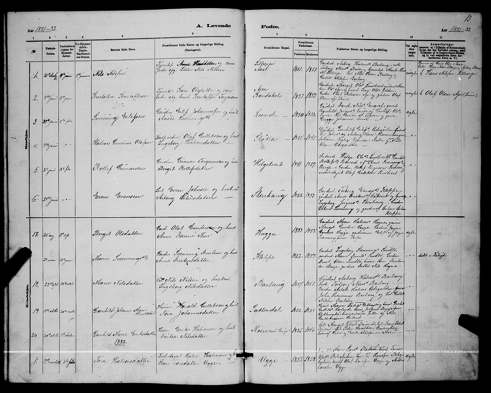 Lunde kirkebøker, AV/SAKO-A-282/G/Ga/L0001b: Parish register (copy) no. I 1, 1879-1887, p. 13