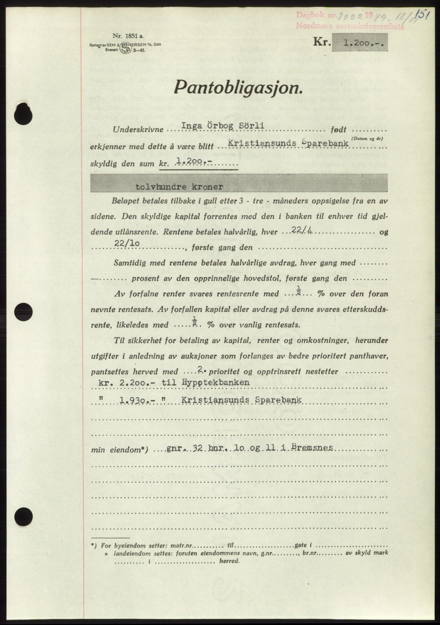 Nordmøre sorenskriveri, AV/SAT-A-4132/1/2/2Ca: Mortgage book no. B103, 1949-1950, Diary no: : 3222/1949