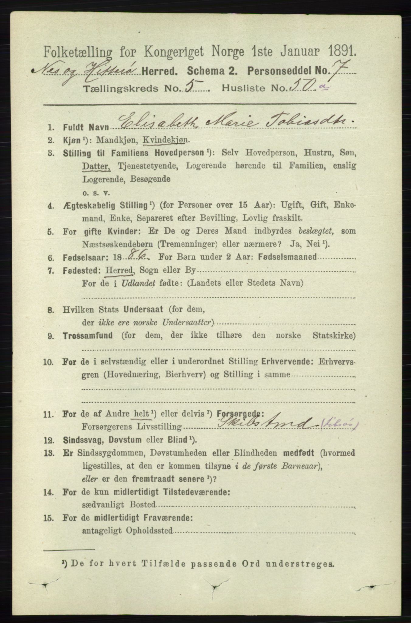 RA, 1891 census for 1043 Hidra og Nes, 1891, p. 2098
