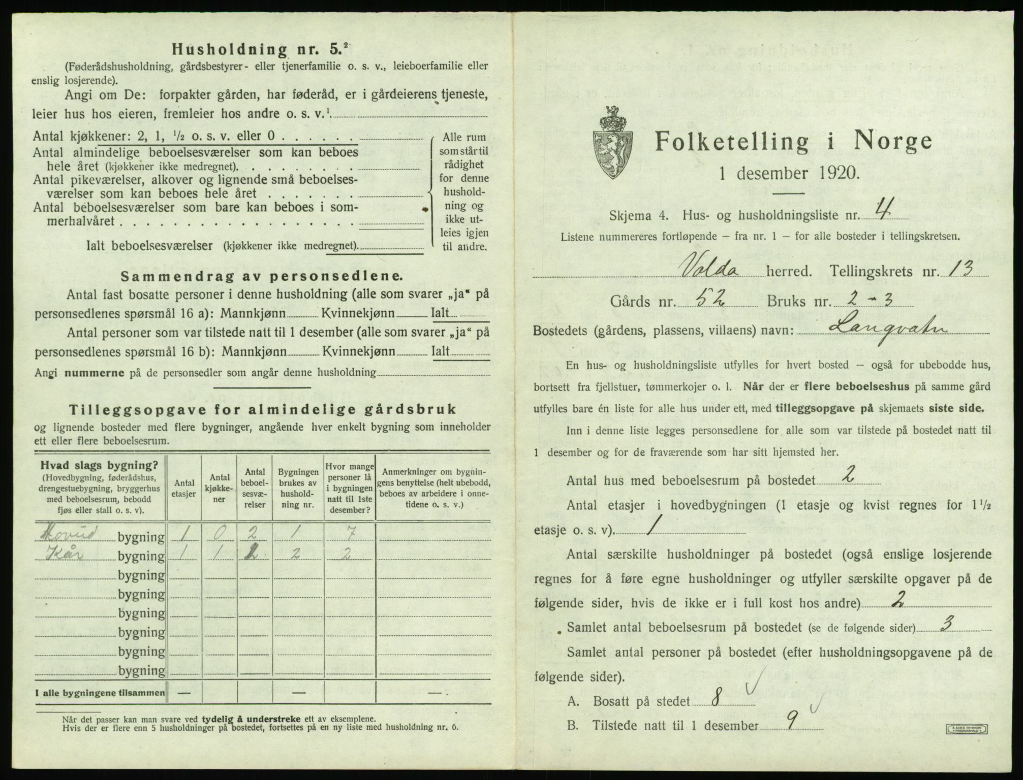 SAT, 1920 census for Volda, 1920, p. 1054