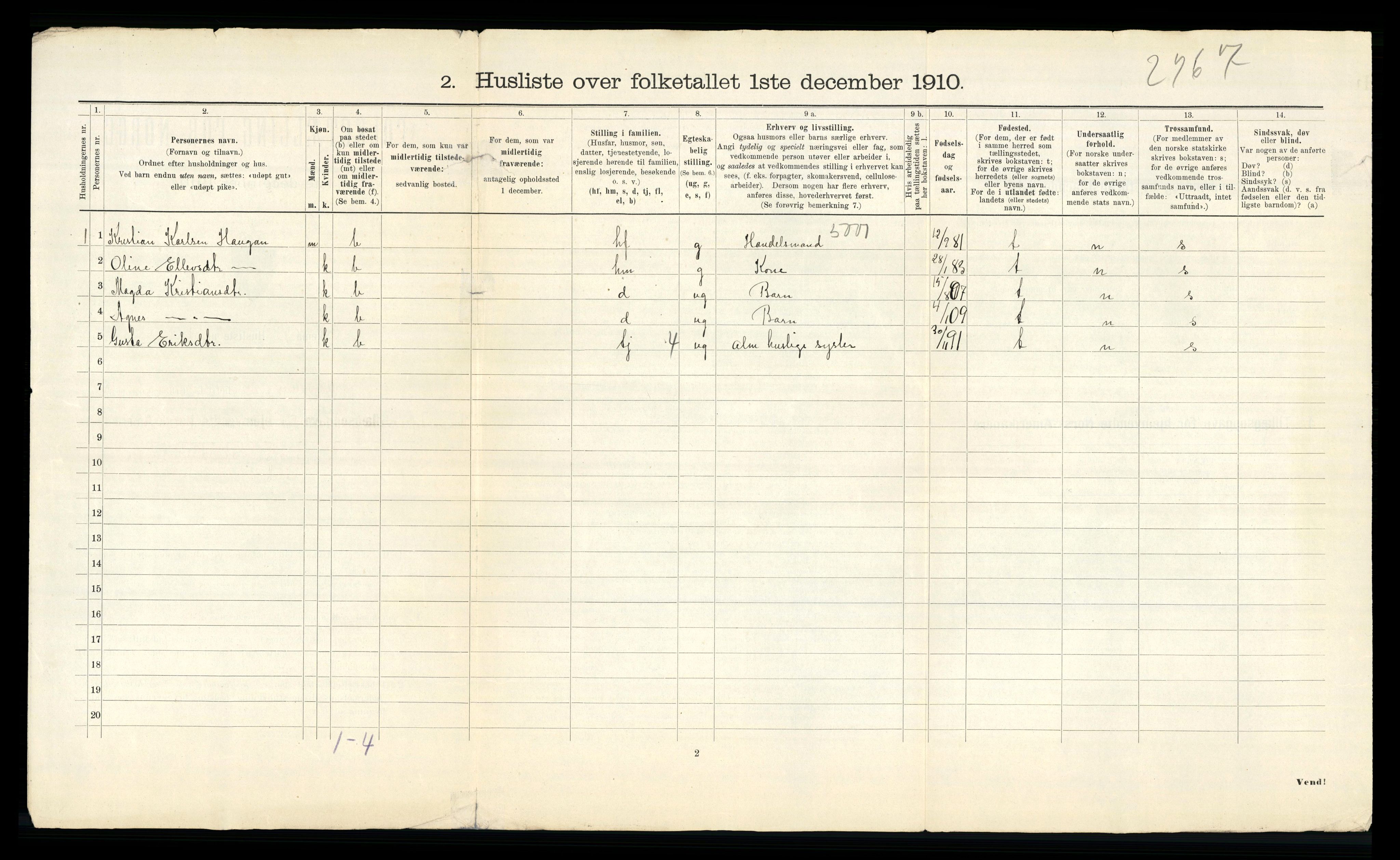 RA, 1910 census for Verdal, 1910, p. 1399