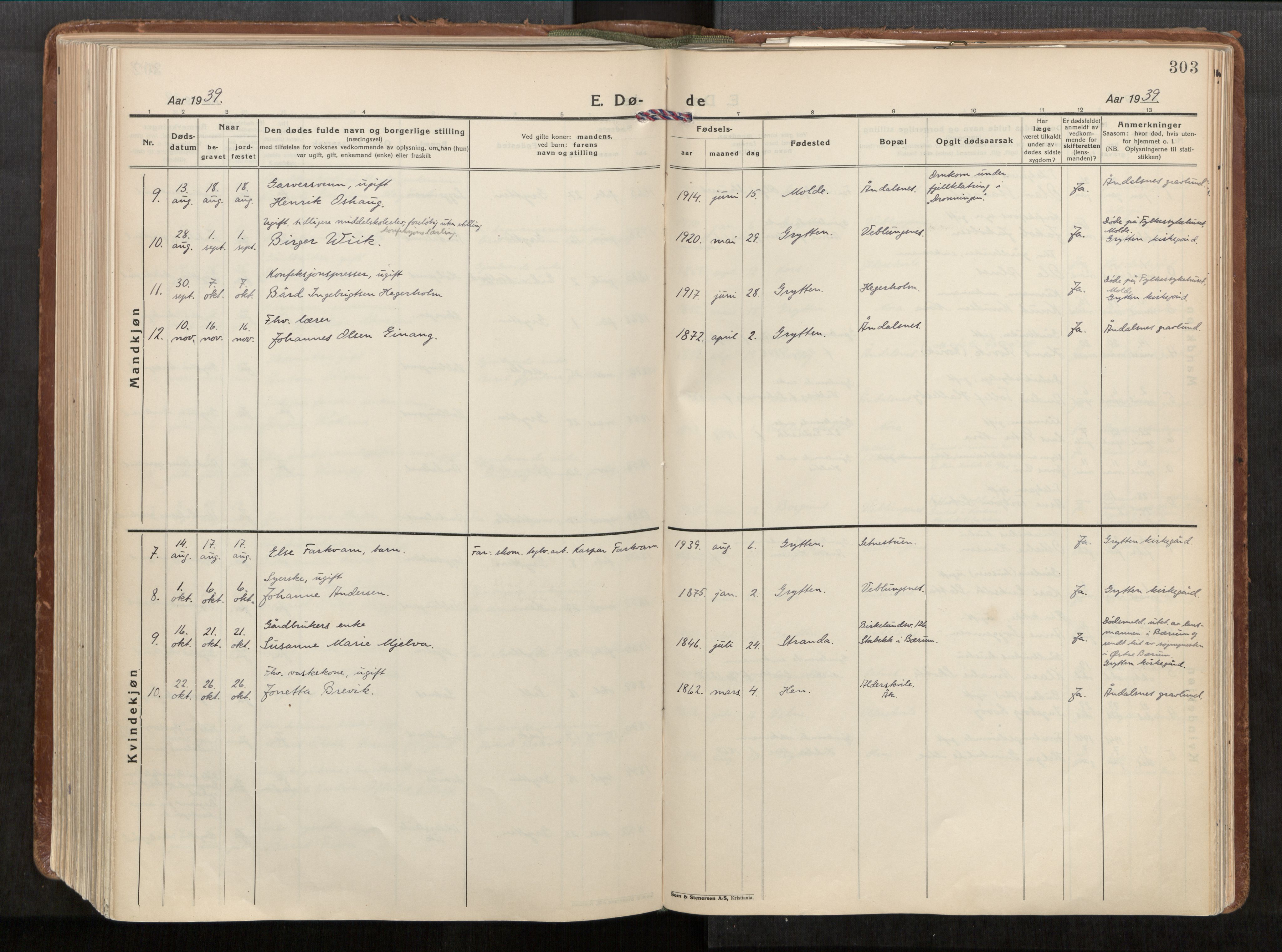 Ministerialprotokoller, klokkerbøker og fødselsregistre - Møre og Romsdal, SAT/A-1454/544/L0587: Parish register (official) no. 544A11, 1924-1954, p. 303