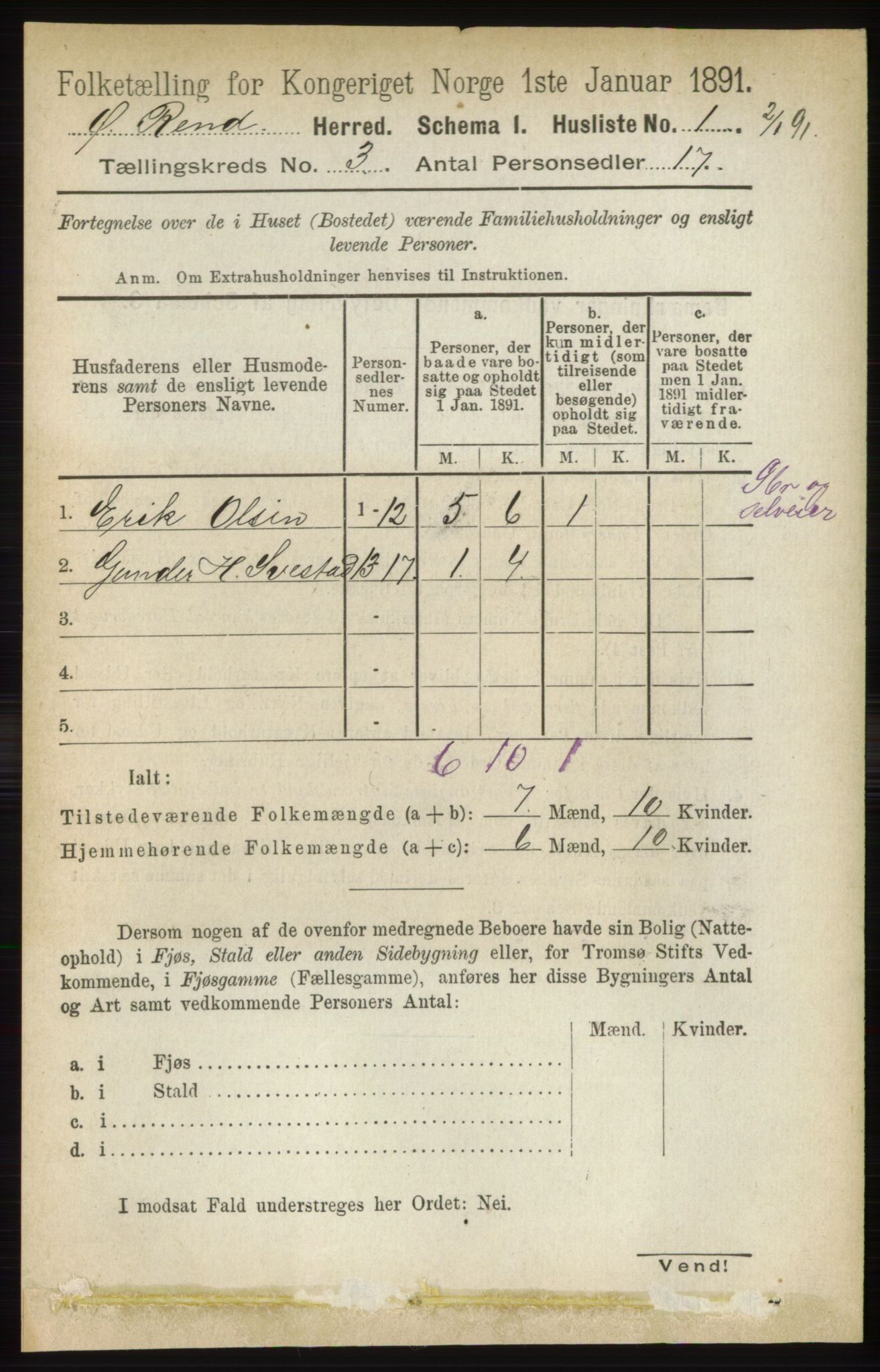 RA, 1891 census for 0433 Øvre Rendal, 1891, p. 800