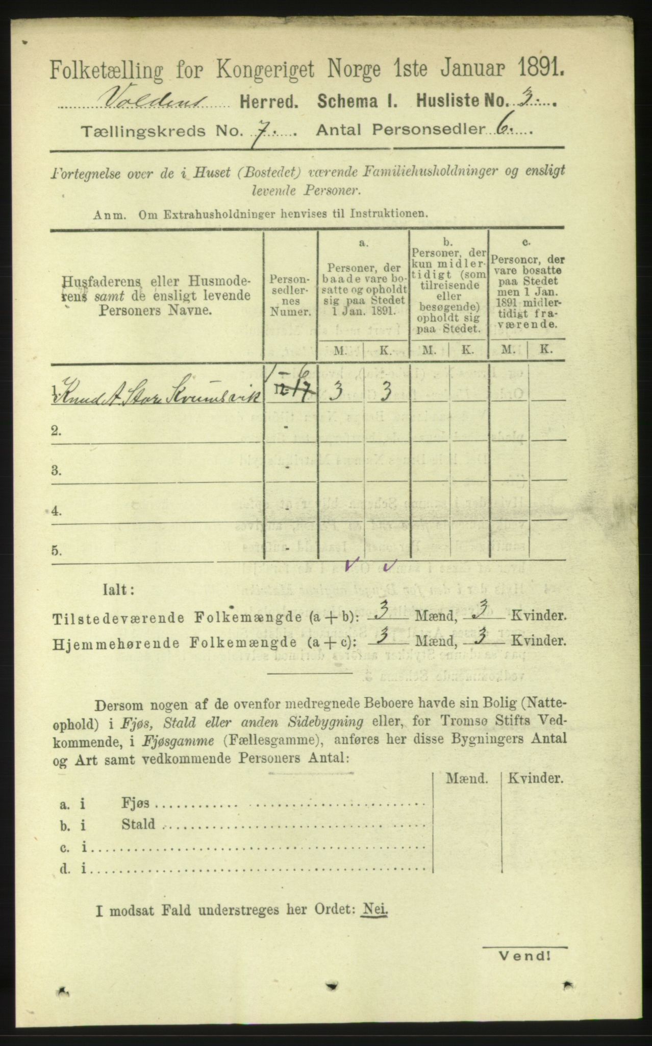 RA, 1891 census for 1519 Volda, 1891, p. 3286