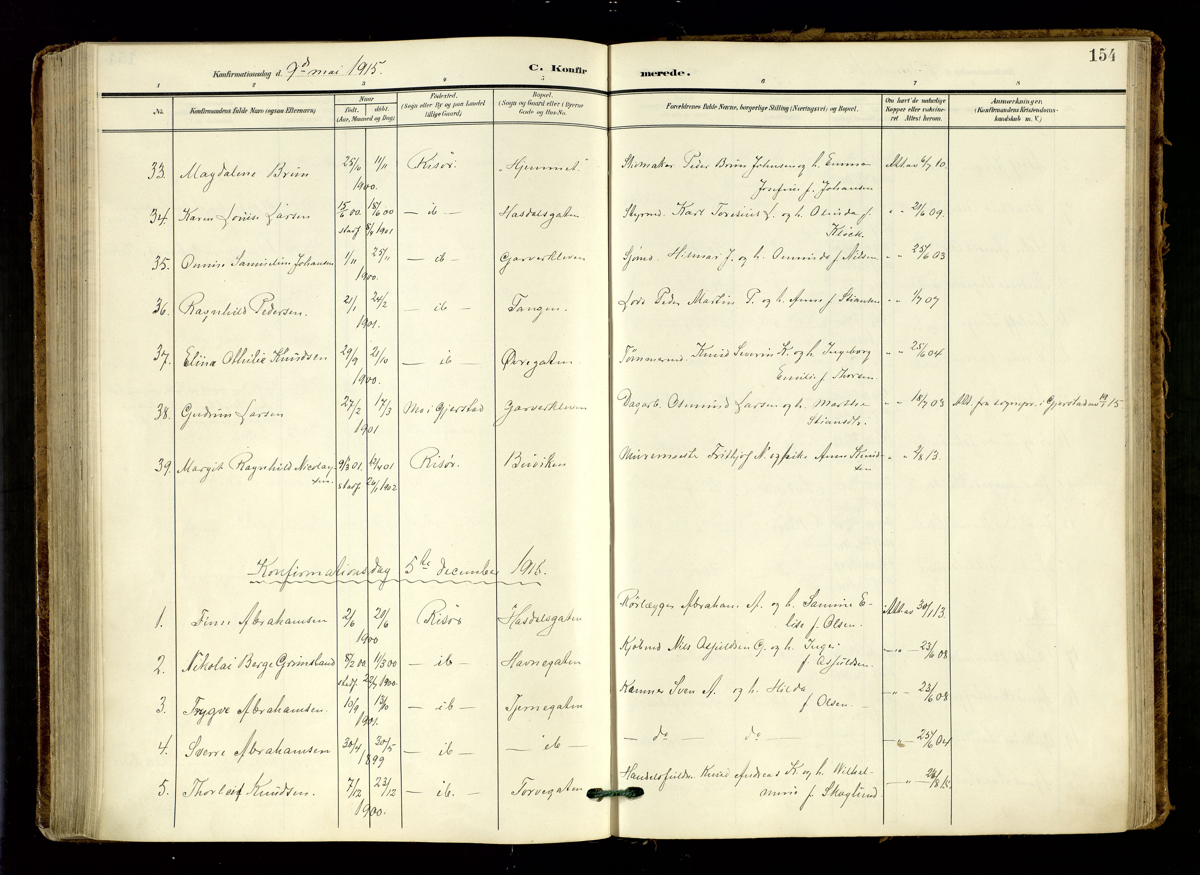 Risør sokneprestkontor, SAK/1111-0035/F/Fa/L0011: Parish register (official) no. A 11, 1907-1920, p. 154
