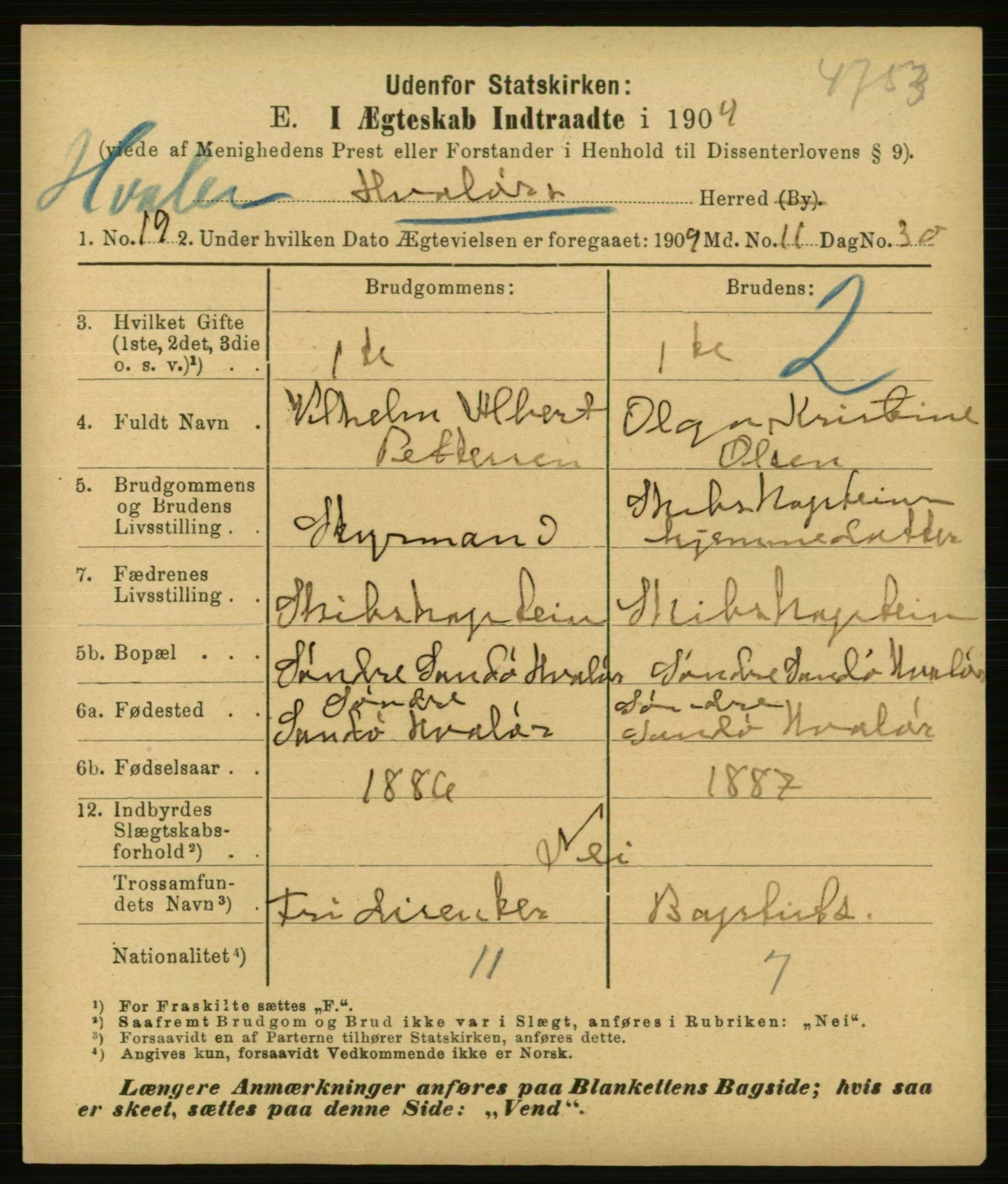 Statistisk sentralbyrå, Sosiodemografiske emner, Befolkning, AV/RA-S-2228/E/L0007: Fødte, gifte, døde dissentere., 1909, p. 1761