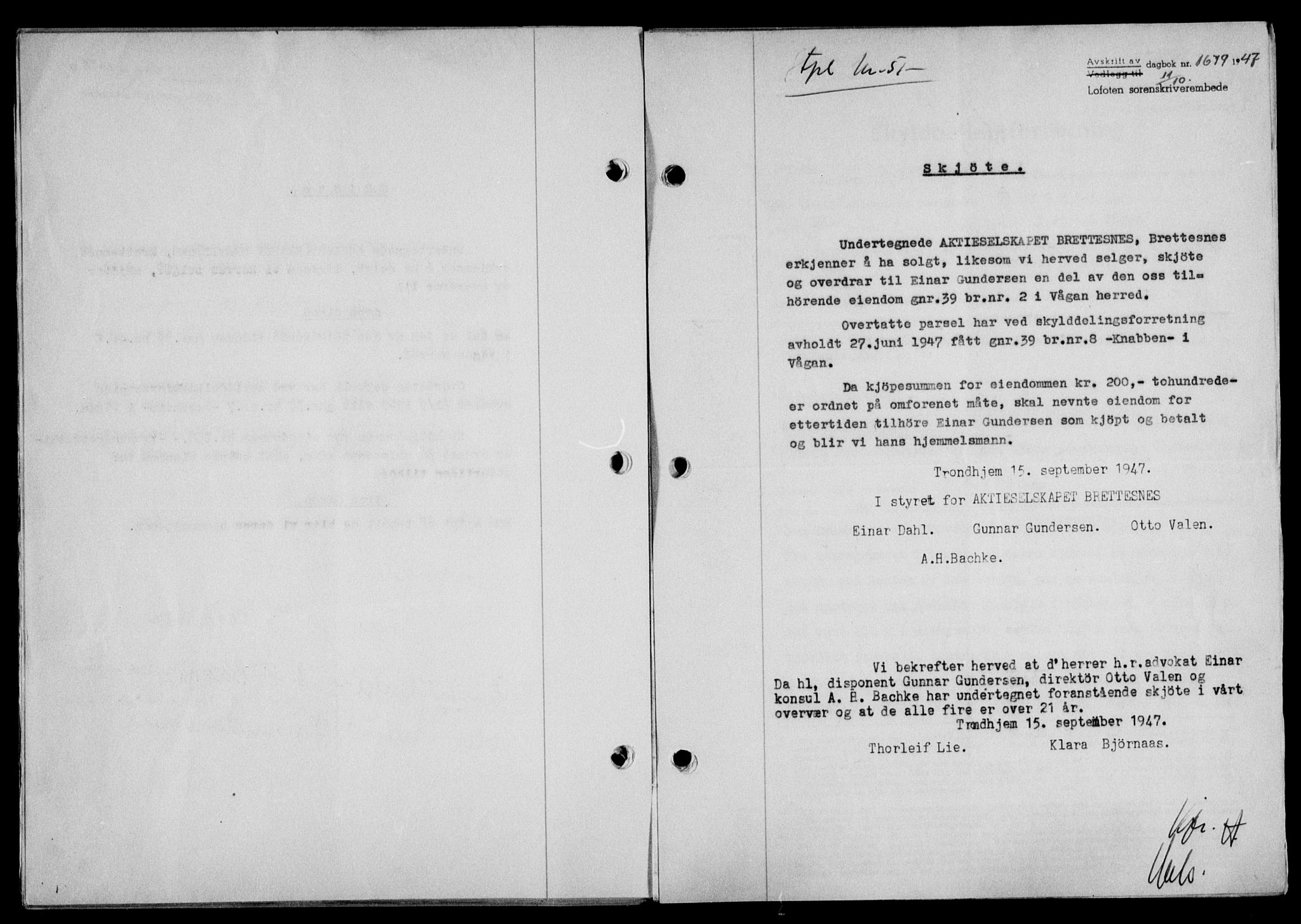 Lofoten sorenskriveri, SAT/A-0017/1/2/2C/L0017a: Mortgage book no. 17a, 1947-1948, Diary no: : 1679/1947