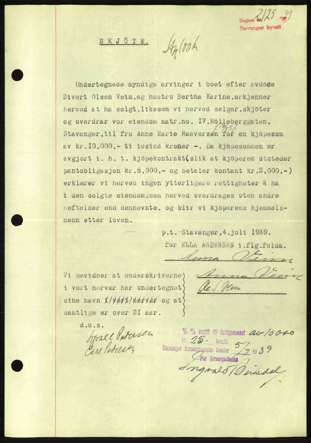 Stavanger byrett, SAST/A-100455/002/G/Gb/L0014: Mortgage book no. A4, 1938-1939, Diary no: : 2125/1939