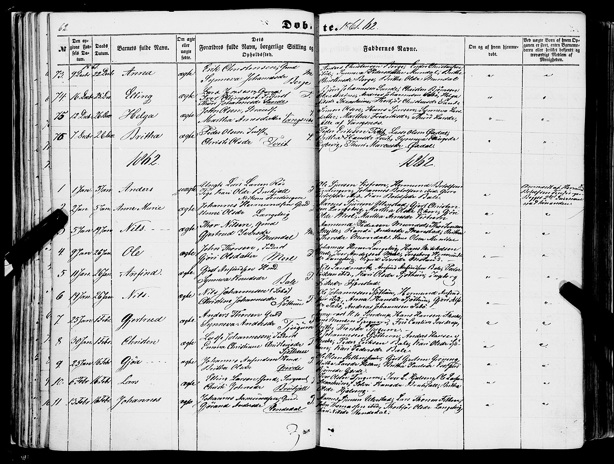 Balestrand sokneprestembete, AV/SAB-A-79601/H/Haa/Haaa/L0002: Parish register (official) no. A 2, 1847-1866, p. 62