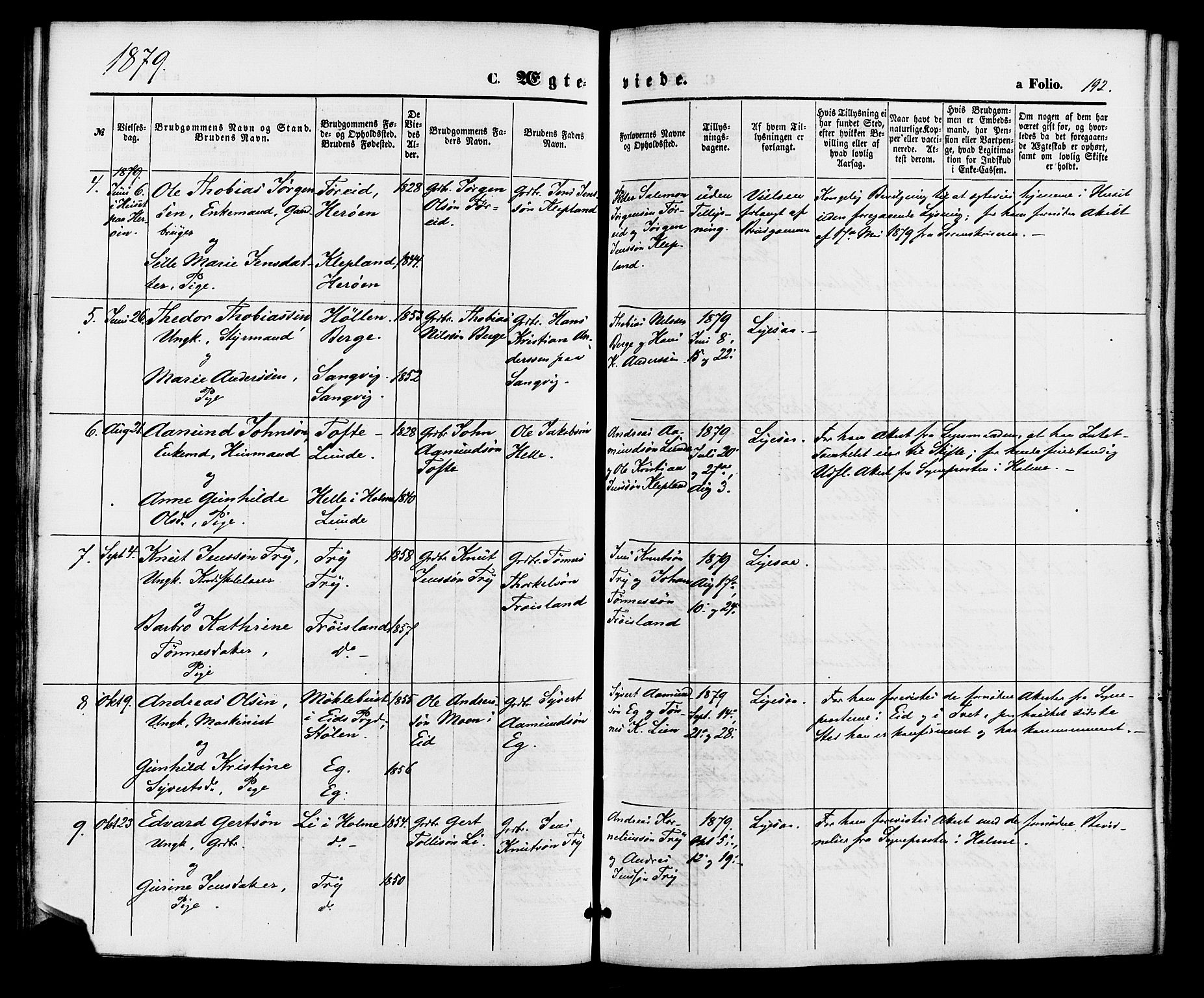 Søgne sokneprestkontor, SAK/1111-0037/F/Fa/Fab/L0011: Parish register (official) no. A 11, 1869-1879, p. 192