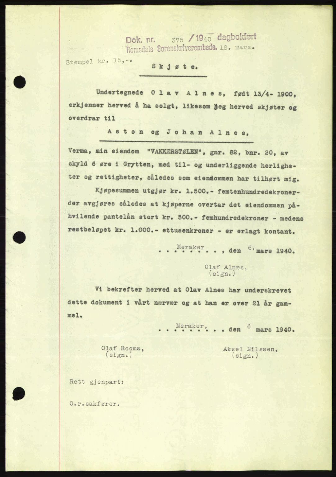 Romsdal sorenskriveri, AV/SAT-A-4149/1/2/2C: Mortgage book no. A8, 1939-1940, Diary no: : 375/1940