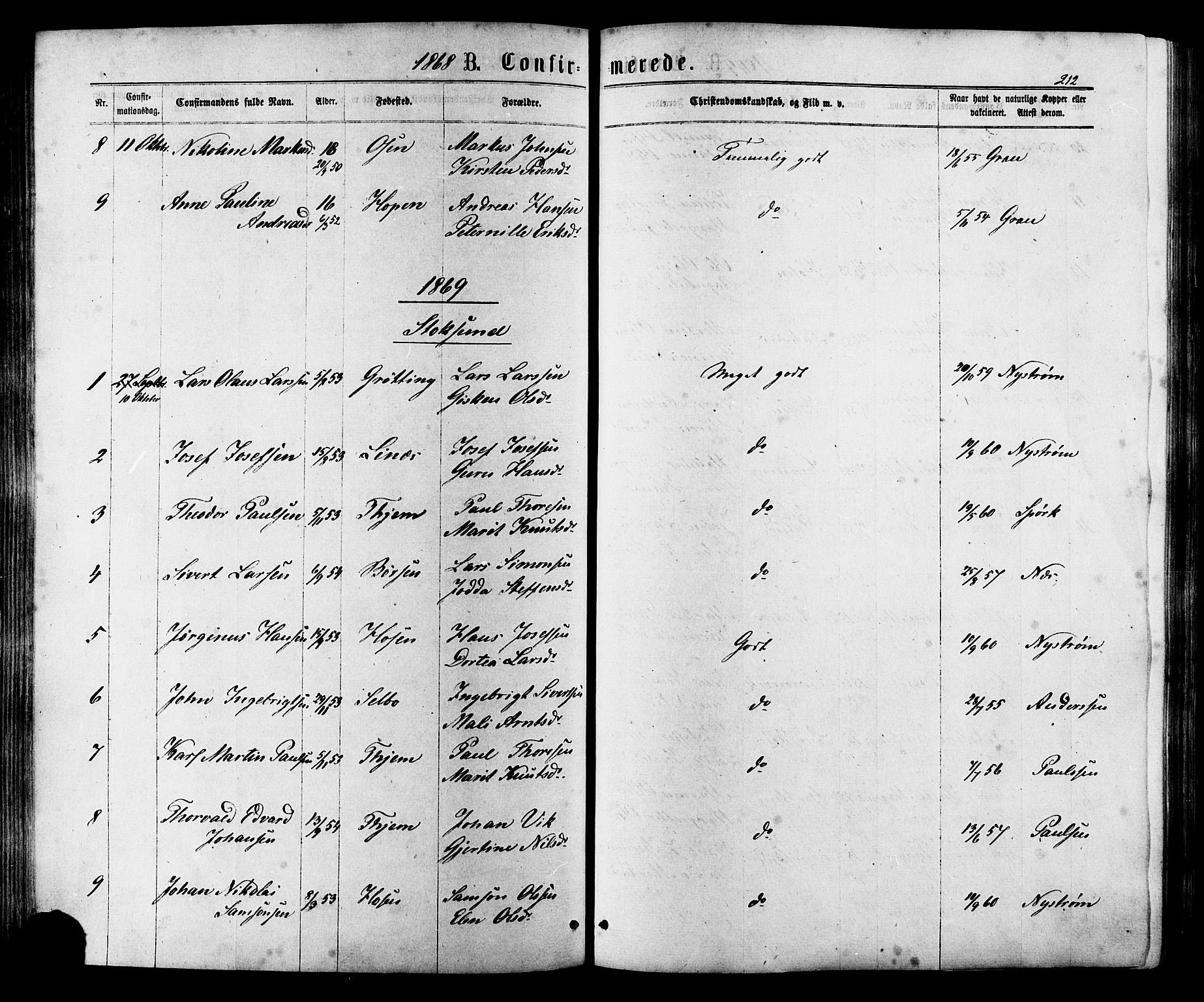 Ministerialprotokoller, klokkerbøker og fødselsregistre - Sør-Trøndelag, SAT/A-1456/657/L0706: Parish register (official) no. 657A07, 1867-1878, p. 212