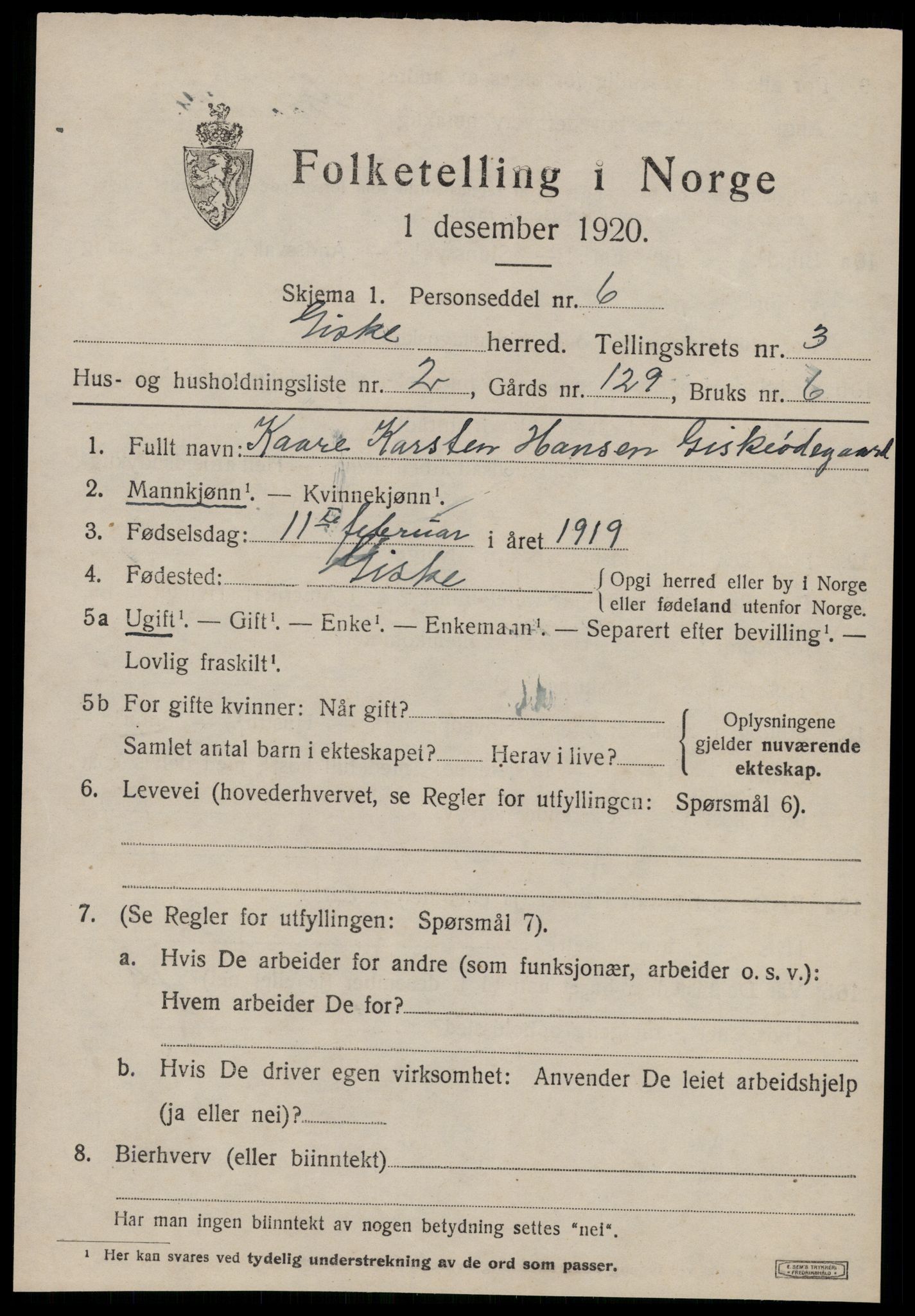 SAT, 1920 census for Giske, 1920, p. 1692