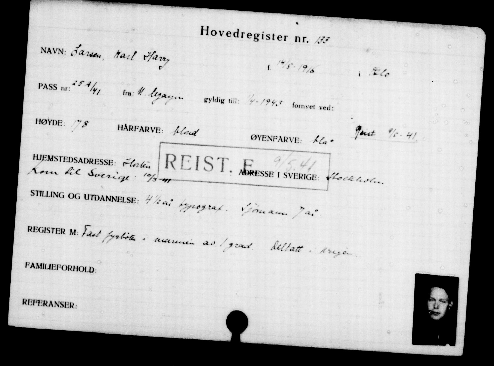 Utenriksstasjonene, Legasjonen i Stockholm, Flyktningkontoret, AV/RA-S-6753/V/Va/L0001: Kjesäterkartoteket, flyktninger med registreringsnr. 1-1000, 1940-1945, p. 217