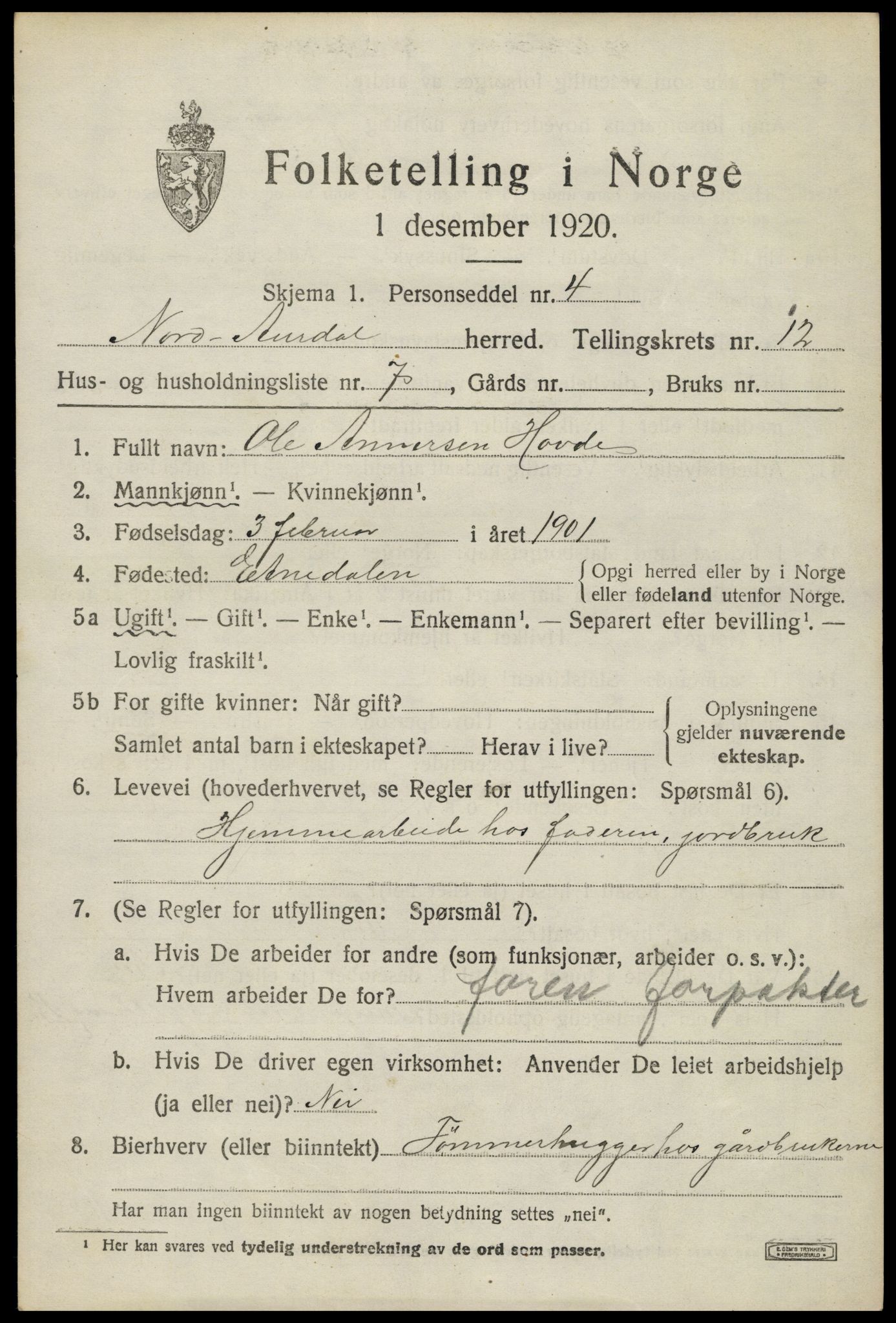 SAH, 1920 census for Nord-Aurdal, 1920, p. 9950