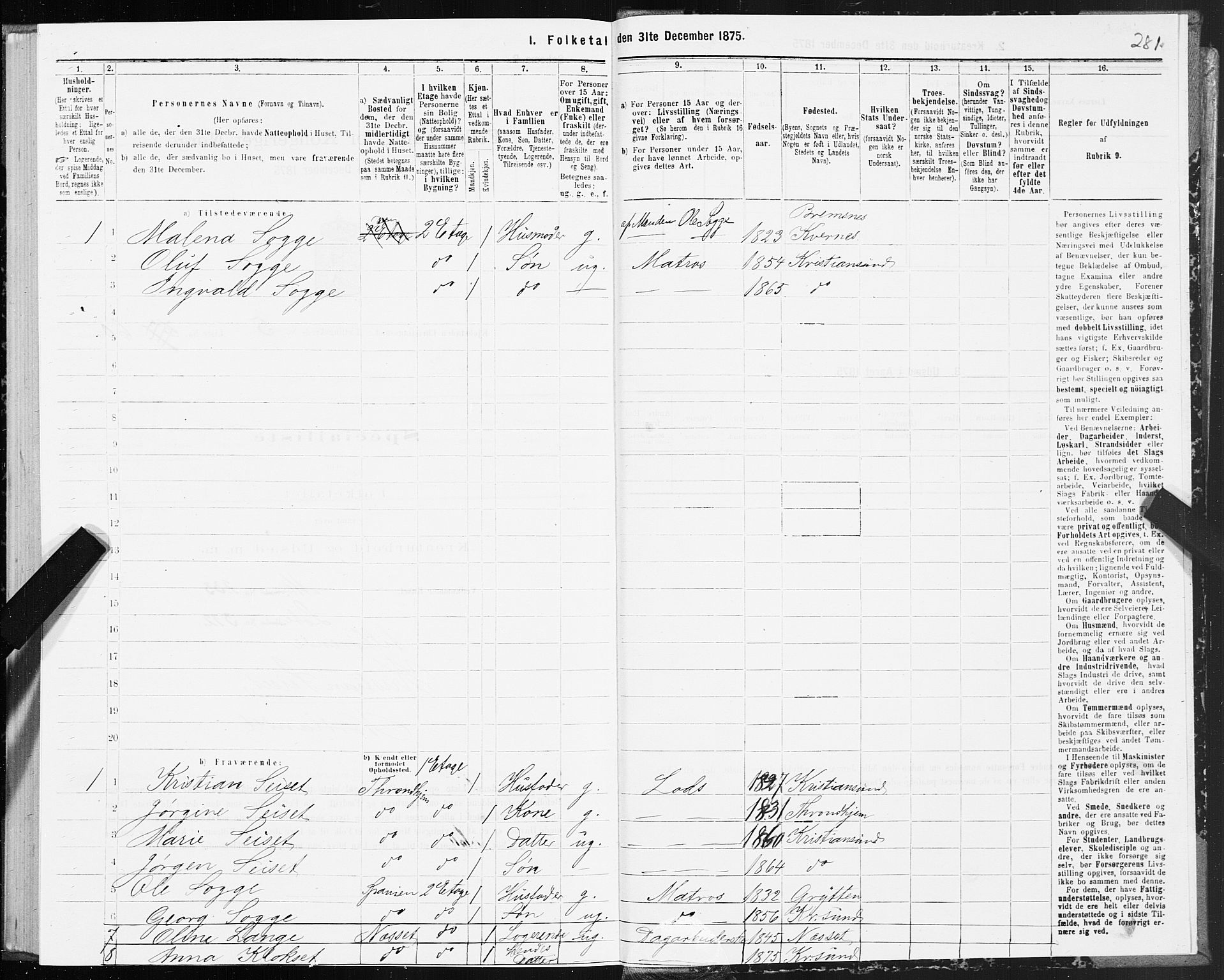 SAT, 1875 census for 1503B Kristiansund/Kristiansund, 1875, p. 4281