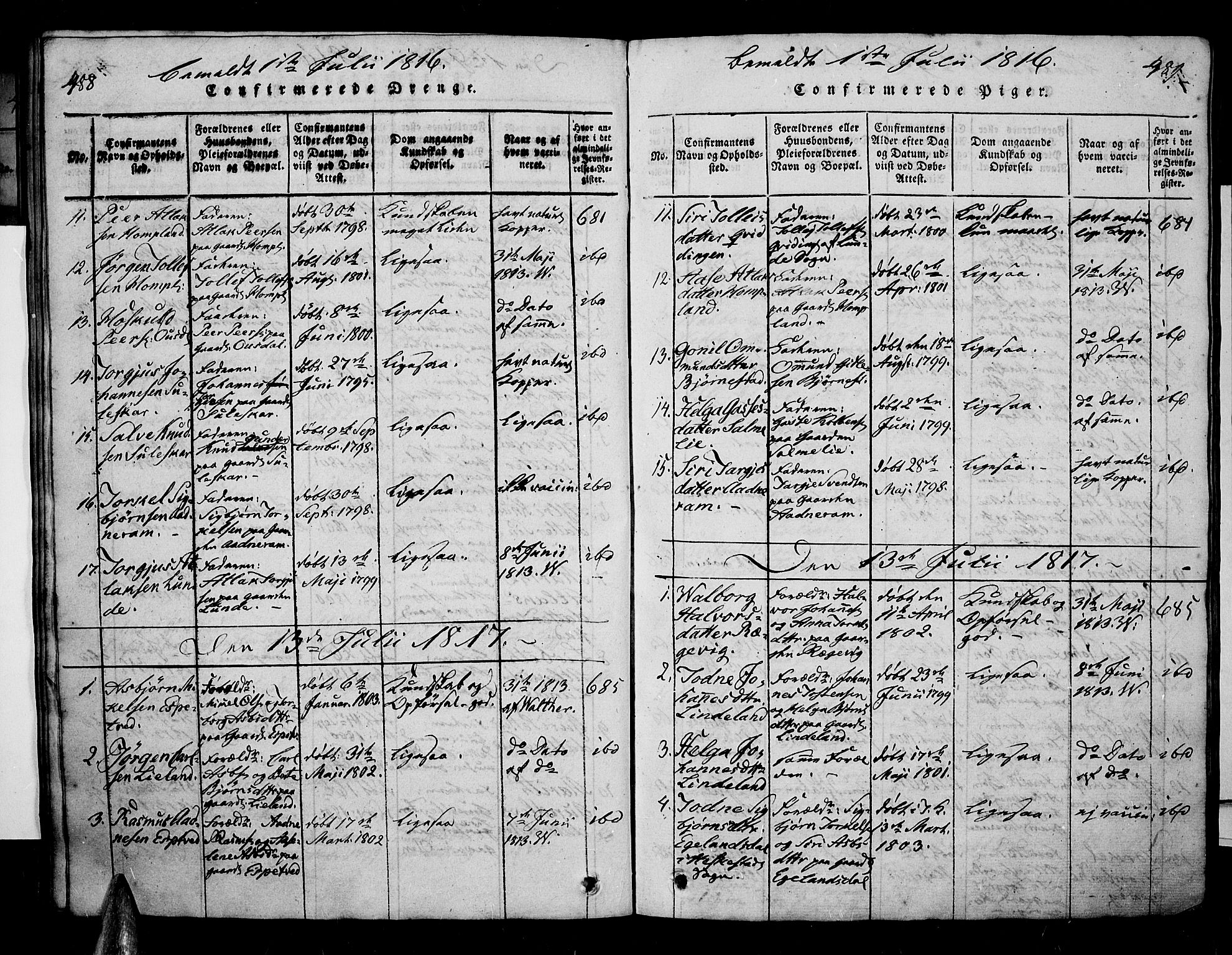 Sirdal sokneprestkontor, SAK/1111-0036/F/Fa/Fab/L0001: Parish register (official) no. A 1, 1815-1834, p. 488-489