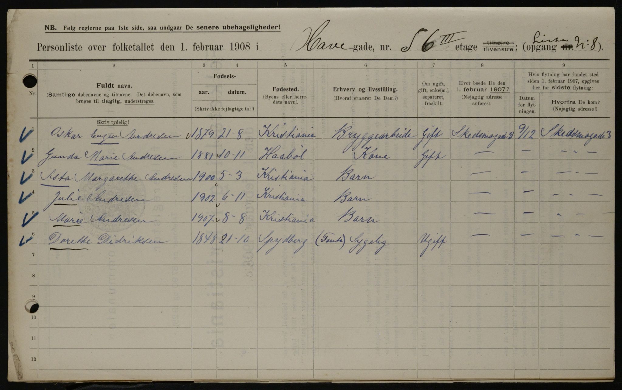 OBA, Municipal Census 1908 for Kristiania, 1908, p. 30708