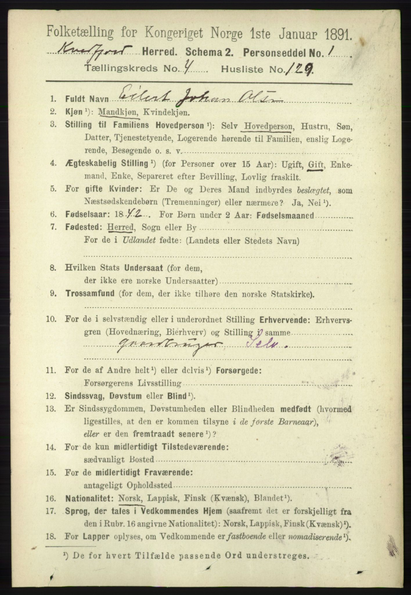 RA, 1891 census for 1911 Kvæfjord, 1891, p. 2708