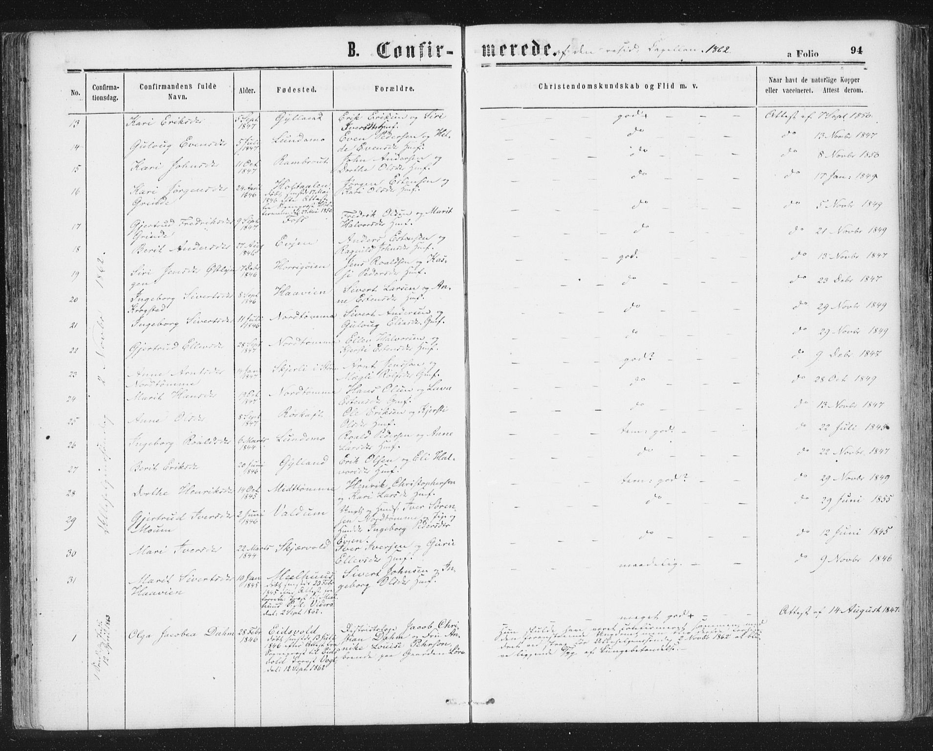Ministerialprotokoller, klokkerbøker og fødselsregistre - Sør-Trøndelag, SAT/A-1456/692/L1104: Parish register (official) no. 692A04, 1862-1878, p. 94