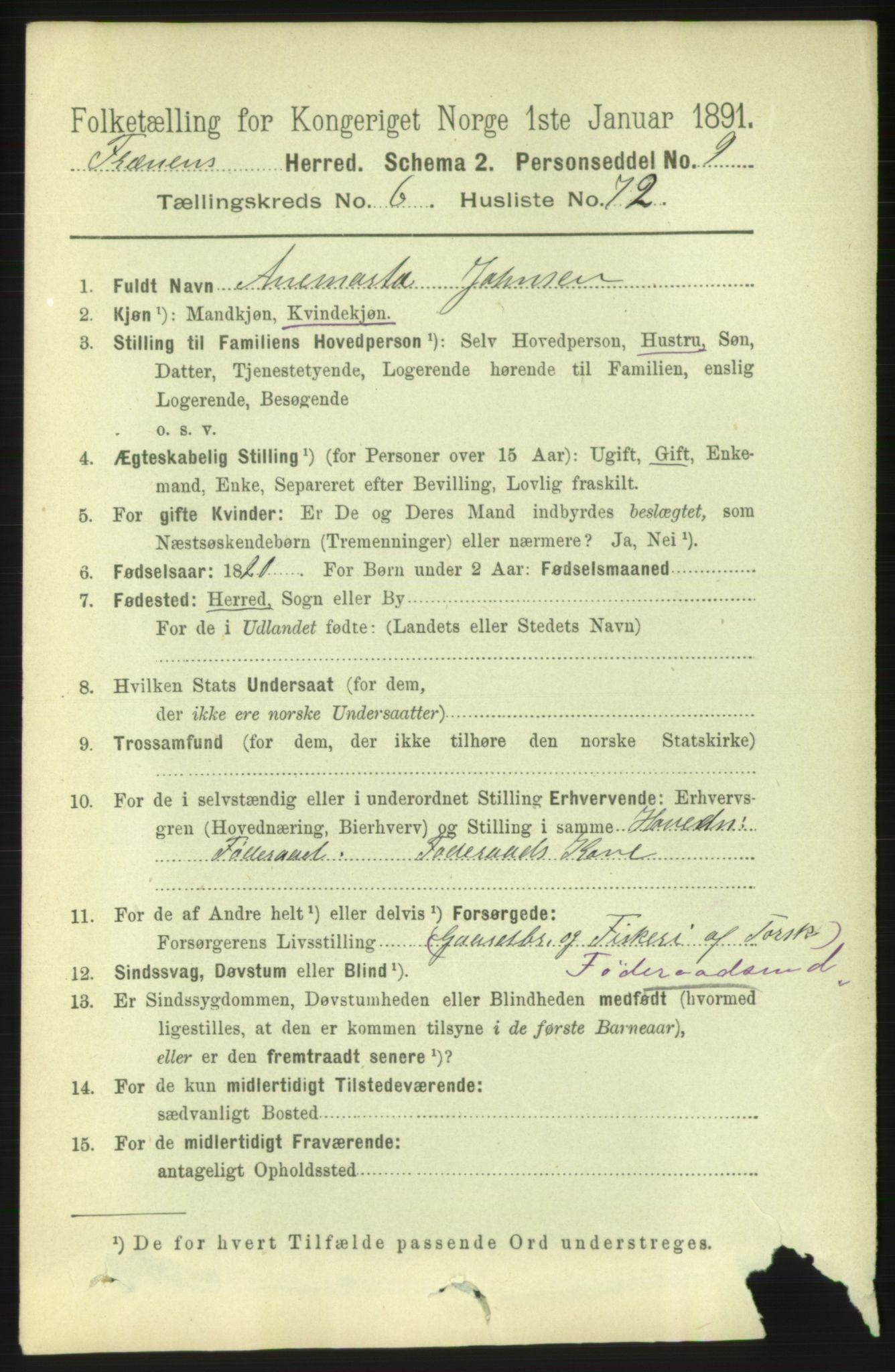 RA, 1891 census for 1548 Fræna, 1891, p. 2283