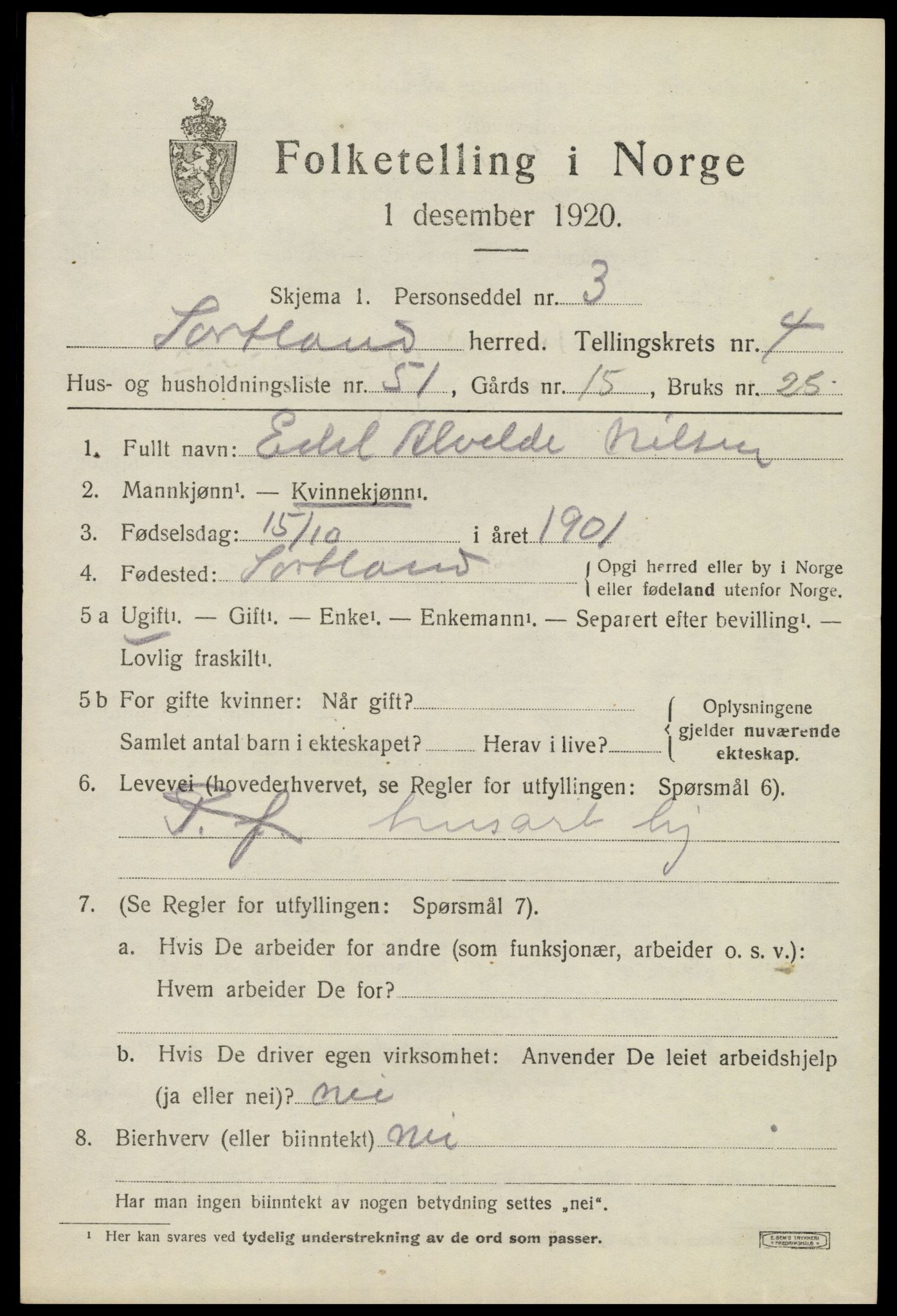 SAT, 1920 census for Sortland, 1920, p. 5466