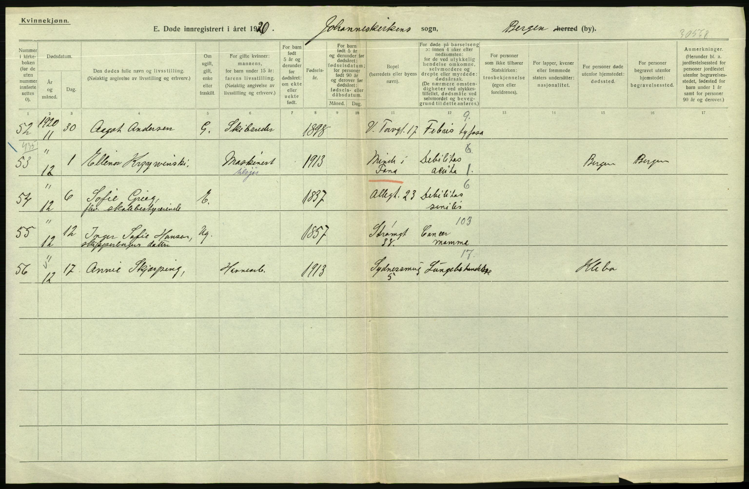 Statistisk sentralbyrå, Sosiodemografiske emner, Befolkning, AV/RA-S-2228/D/Df/Dfb/Dfbj/L0042: Bergen: Gifte, døde, dødfødte., 1920, p. 592