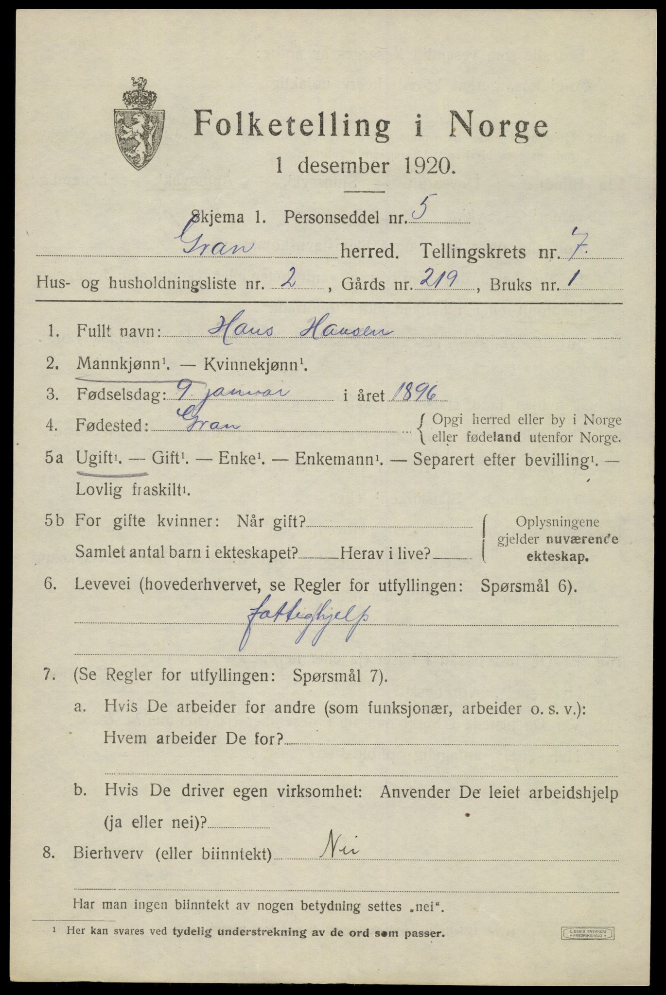 SAH, 1920 census for Gran, 1920, p. 9473