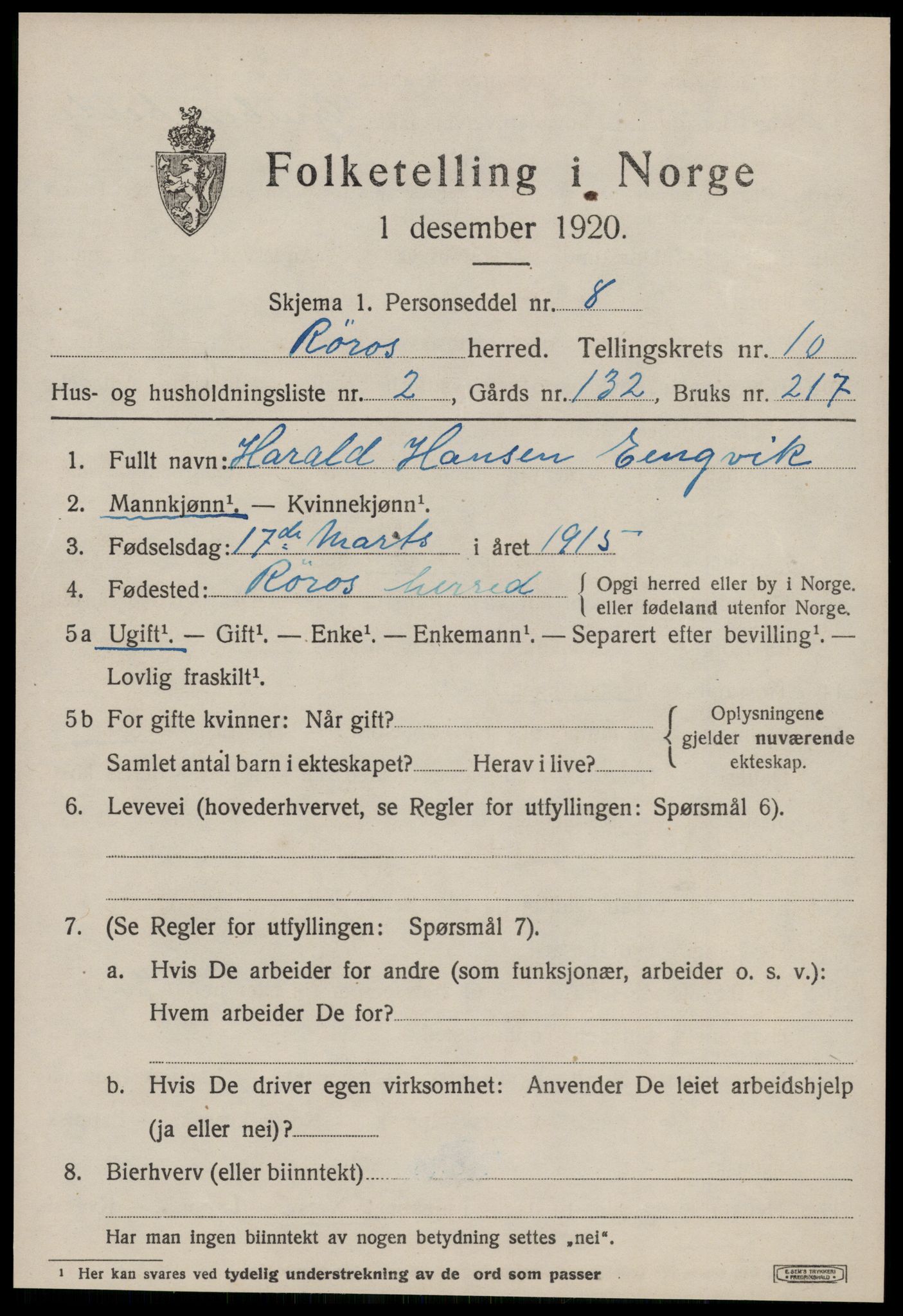 SAT, 1920 census for Røros, 1920, p. 8196