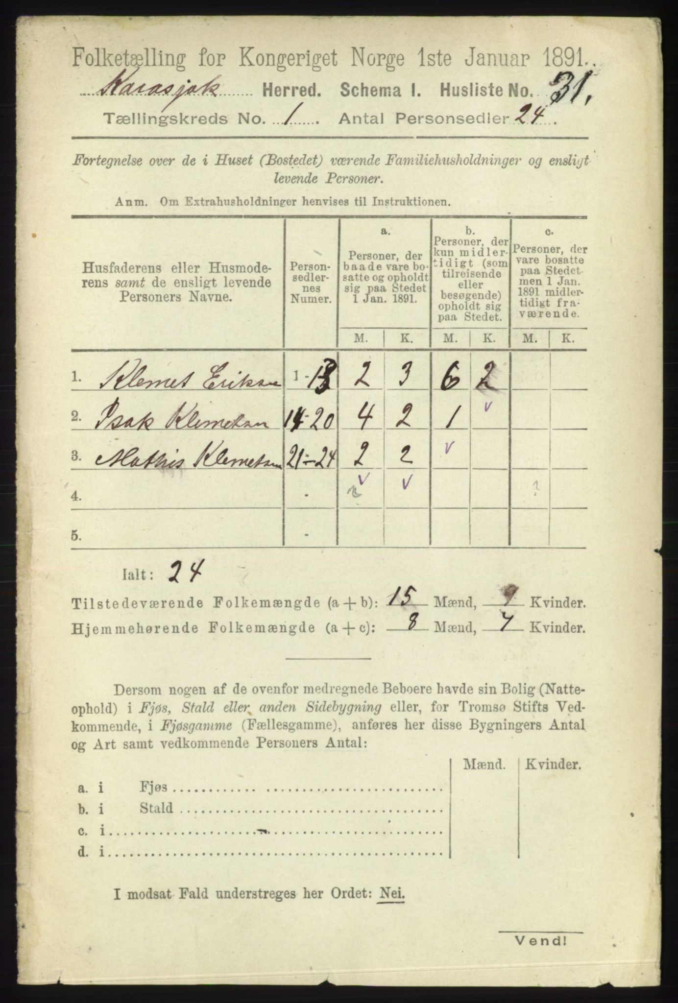 RA, 1891 census for 2021 Karasjok, 1891, p. 46